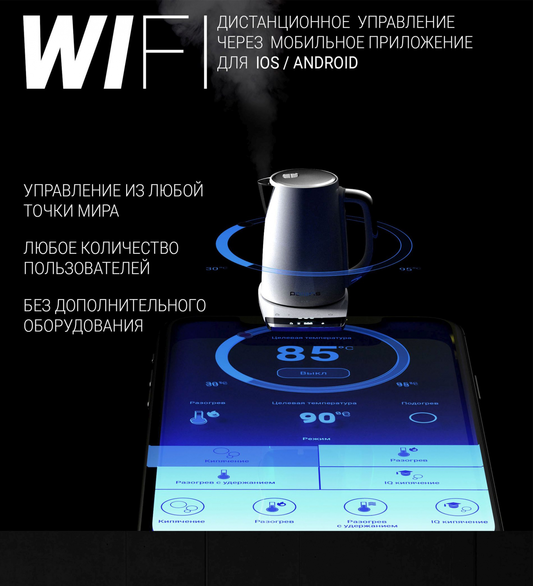 Чайник электрический Polaris PWK 1755CAD WIFI IQ Home 1.7л. 2150Вт белый корпус: металл (PWK 1755CAD) — миниатюра 2