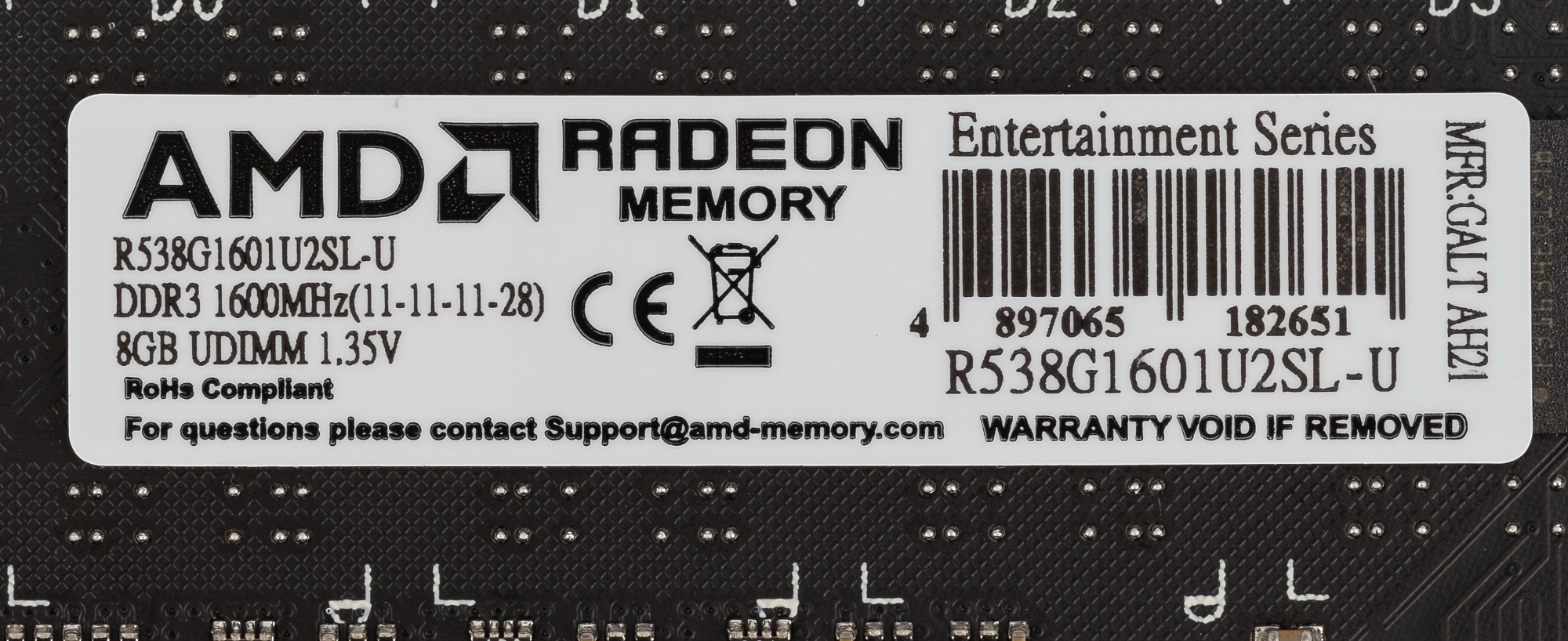 Память DDR3L 8GB 1600MHz AMD R538G1601U2SL-U RTL PC3-12800 CL11 DIMM UDIMM 240-pin 1.35В Ret — миниатюра 5