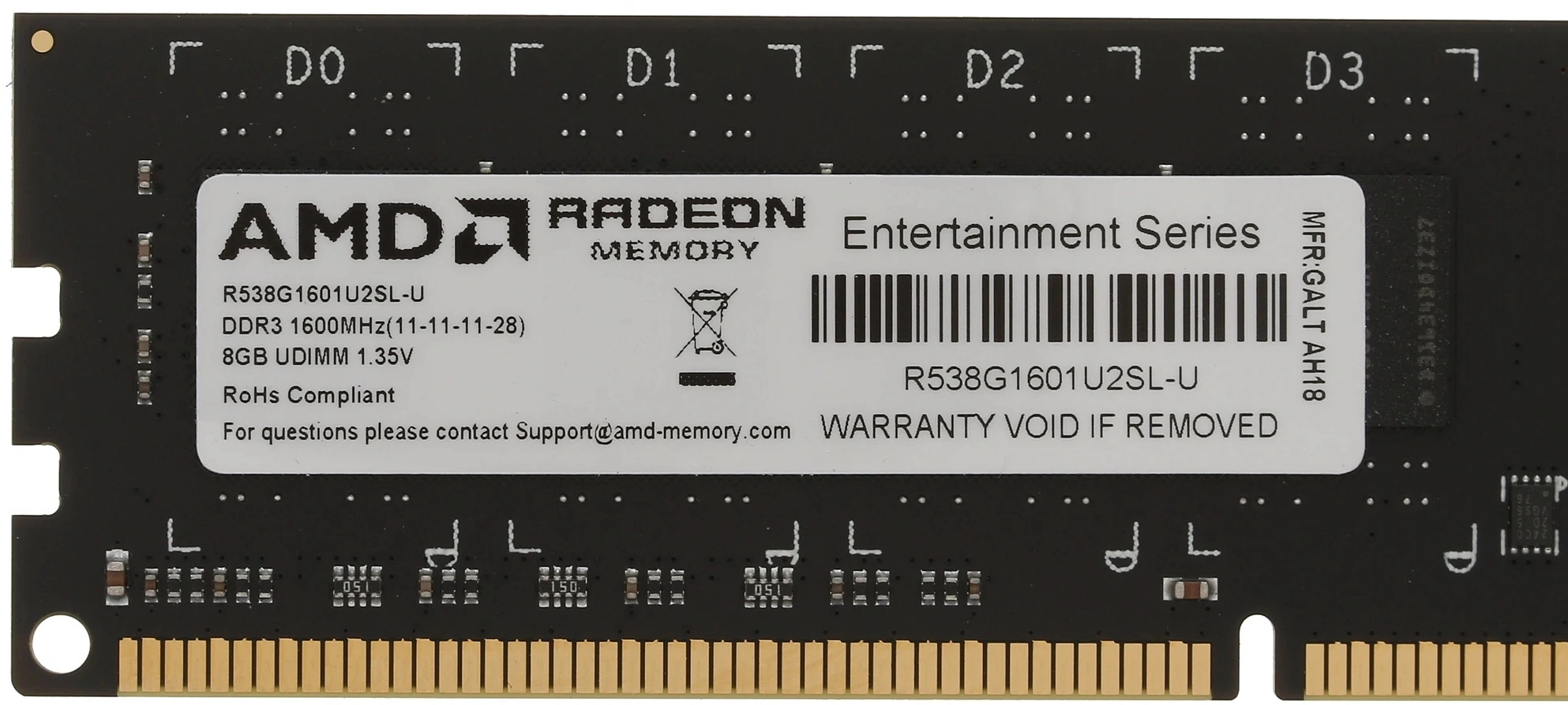 Память DDR3L 8GB 1600MHz AMD R538G1601U2SL-U RTL PC3-12800 CL11 DIMM UDIMM 240-pin 1.35В Ret — миниатюра 7