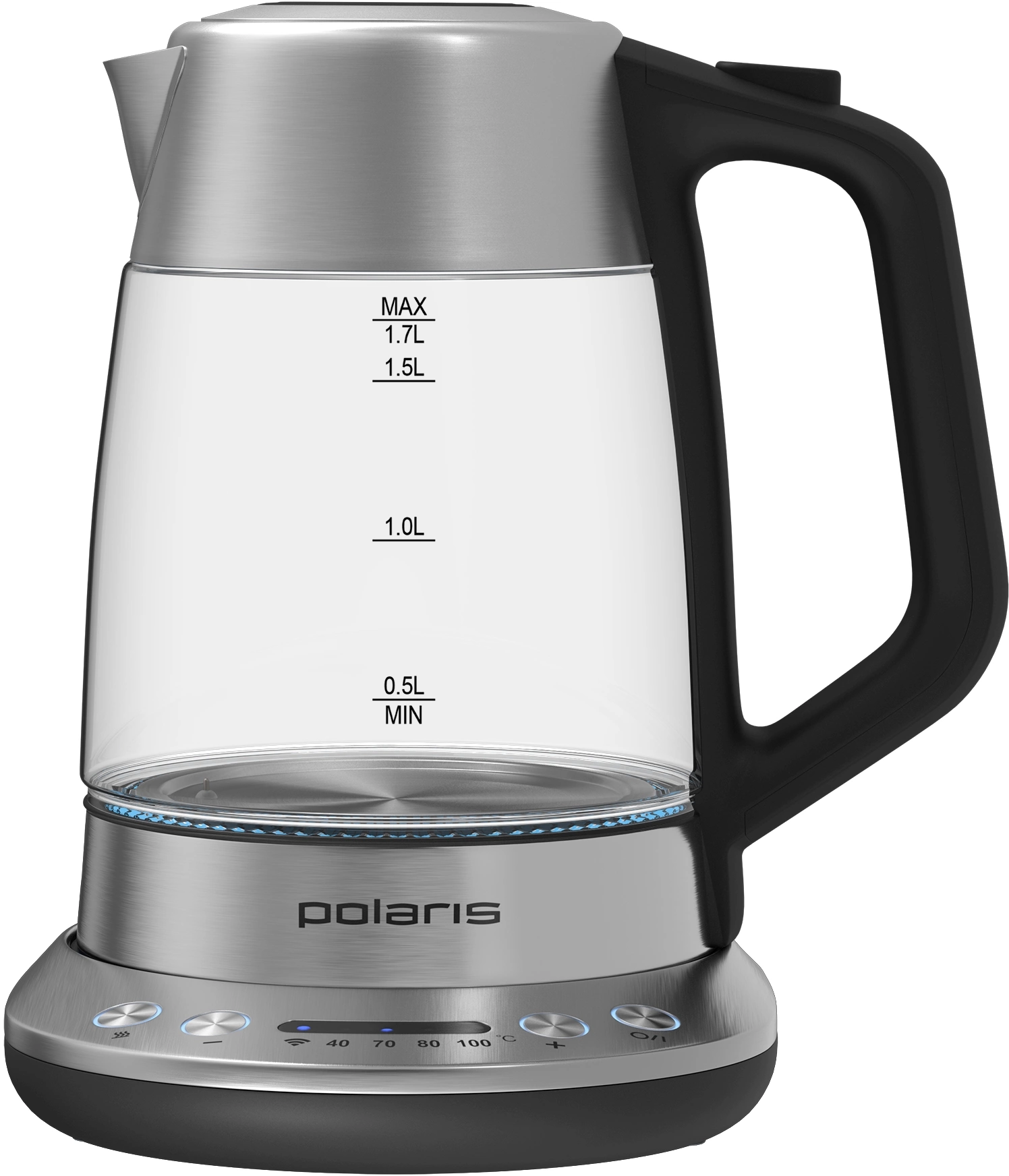 Чайник электрический Polaris PWK 1775CGLD 1.7л. 1850Вт серебристый/черный корпус: стекло/металл/пластик