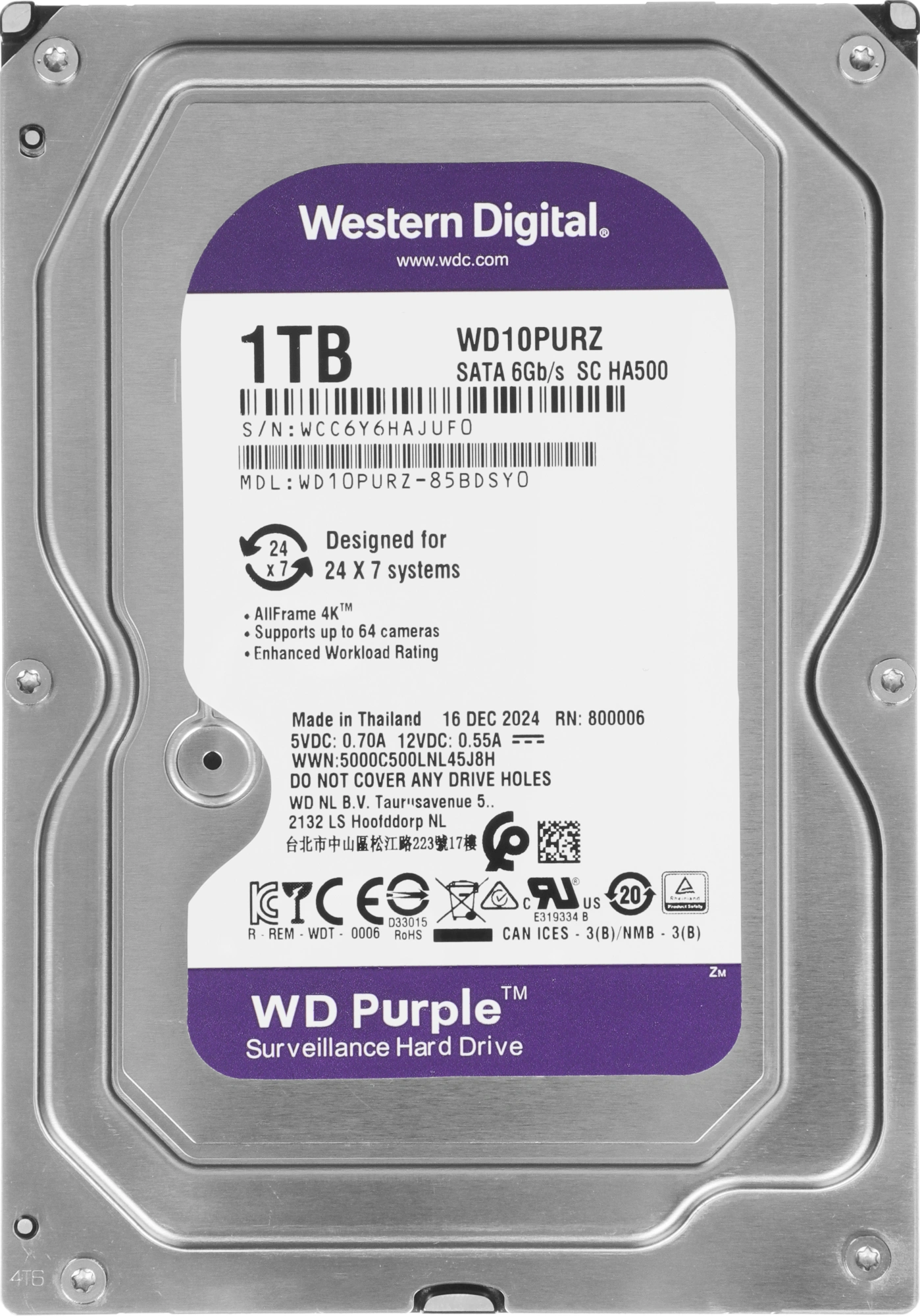 Жесткий диск WD SATA-III 1Tb WD10PURZ Surveillance Purple (5400rpm) 64Mb 3.5" — фото 1
