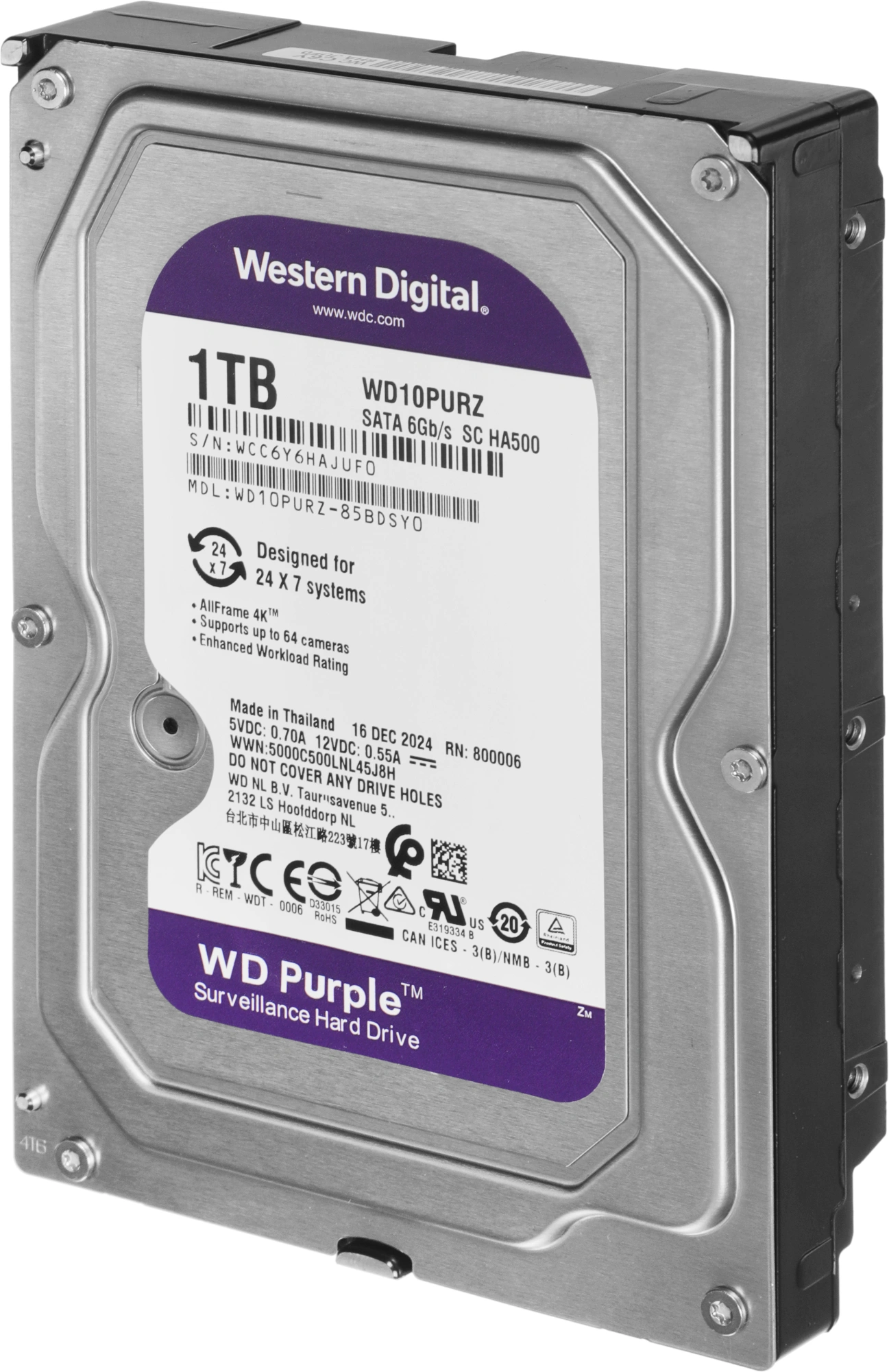 Жесткий диск WD SATA-III 1Tb WD10PURZ Surveillance Purple (5400rpm) 64Mb 3.5" — миниатюра 5