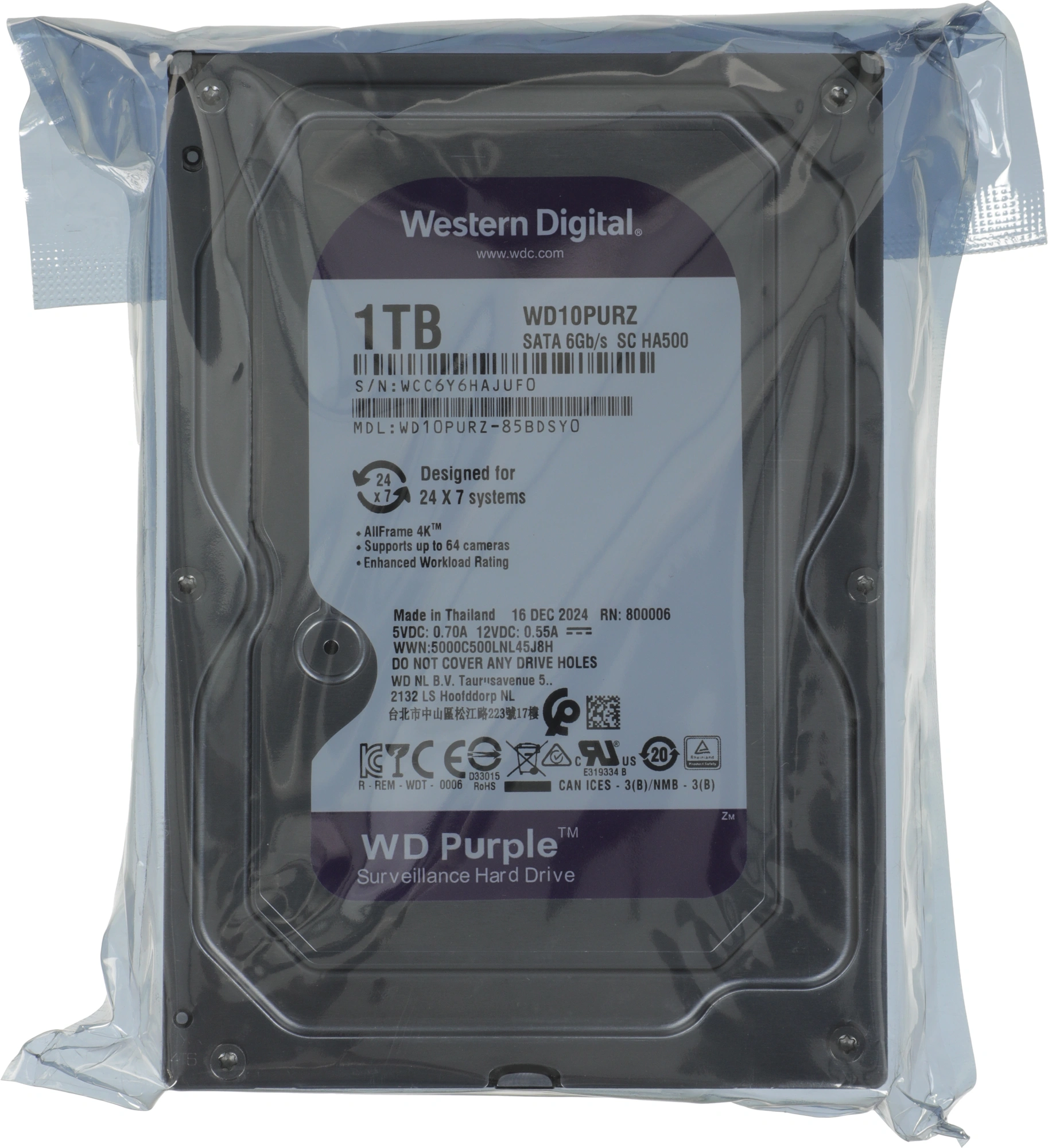 Жесткий диск WD SATA-III 1Tb WD10PURZ Surveillance Purple (5400rpm) 64Mb 3.5" — миниатюра 6