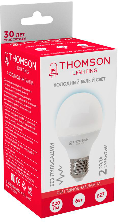 Лампа светодиодная Thomson TH-B2318 6Вт цок.:E27 шар 220B св.свеч.бел.хол. Globe (упак.:1шт) — миниатюра 2