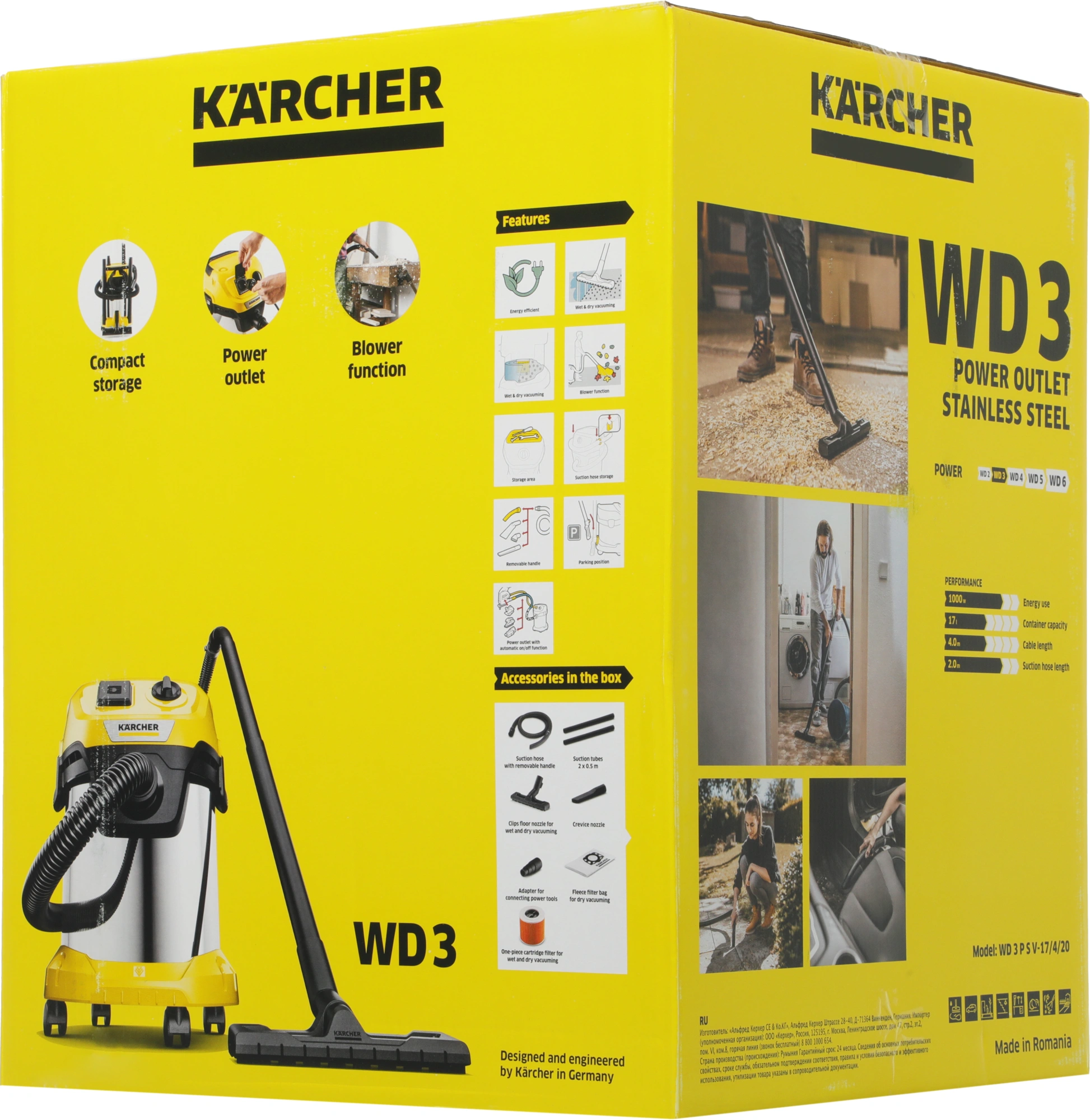 Строительный пылесос Karcher WD 3 P S V-17/4/20 1000Вт (уборка: сухая/влажная/выдув/сбор воды) желтый — миниатюра 10