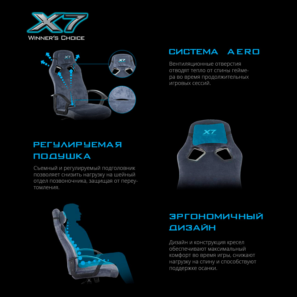 Кресло игровое A4Tech X7 GG1400 синий крестов пластик - Дополнительные фотографии