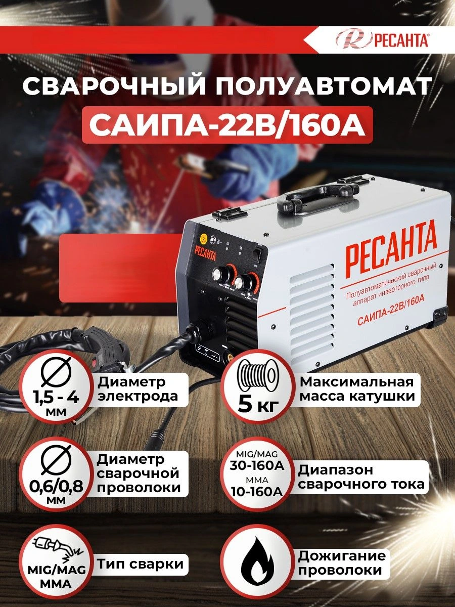 Сварочный полуавтомат Ресанта САИПА-22В/160А инвертор MIG-MAG 6.2кВт — миниатюра 13