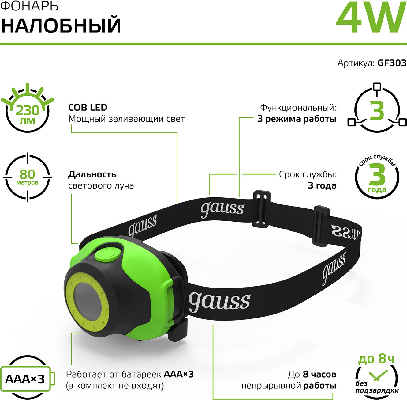 Фонарь налобный Gauss GFL303 черный/зеленый 4Вт лам.:светодиод. AAAx3 (GF303) — миниатюра 2