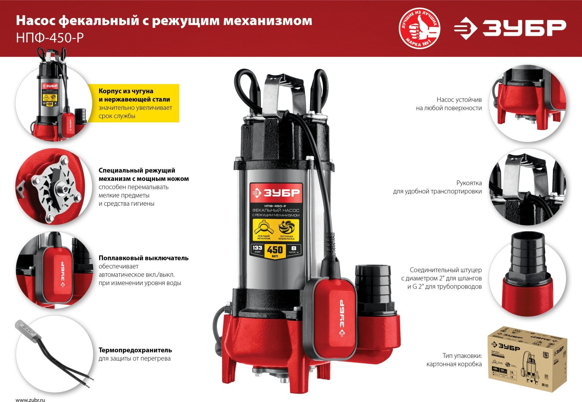 Насос фекальный Зубр Мастер НПФ-450-Р 450Вт 7980л/час центробежный (в компл.:режущий механизм) — миниатюра 6