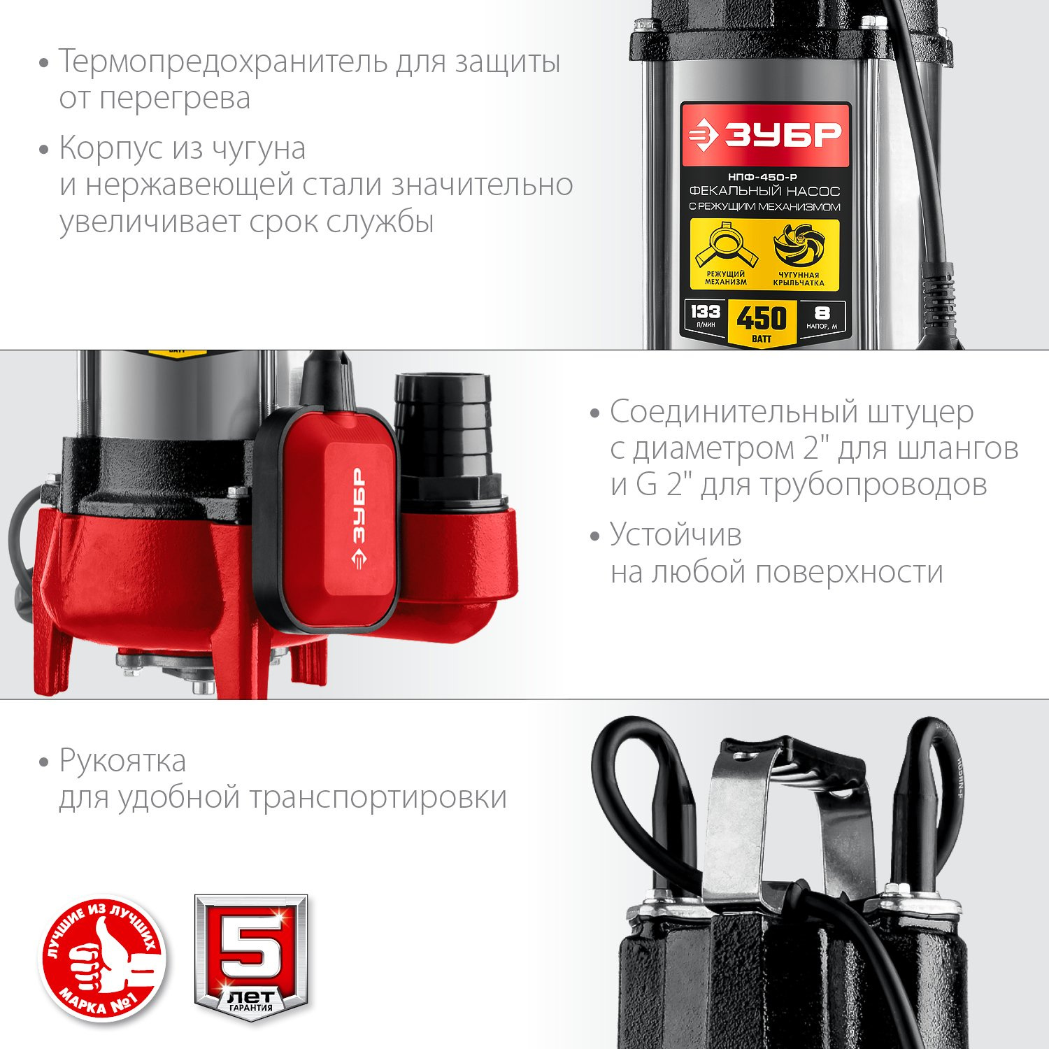 Насос фекальный Зубр Мастер НПФ-450-Р 450Вт 7980л/час центробежный (в компл.:режущий механизм) — миниатюра 13