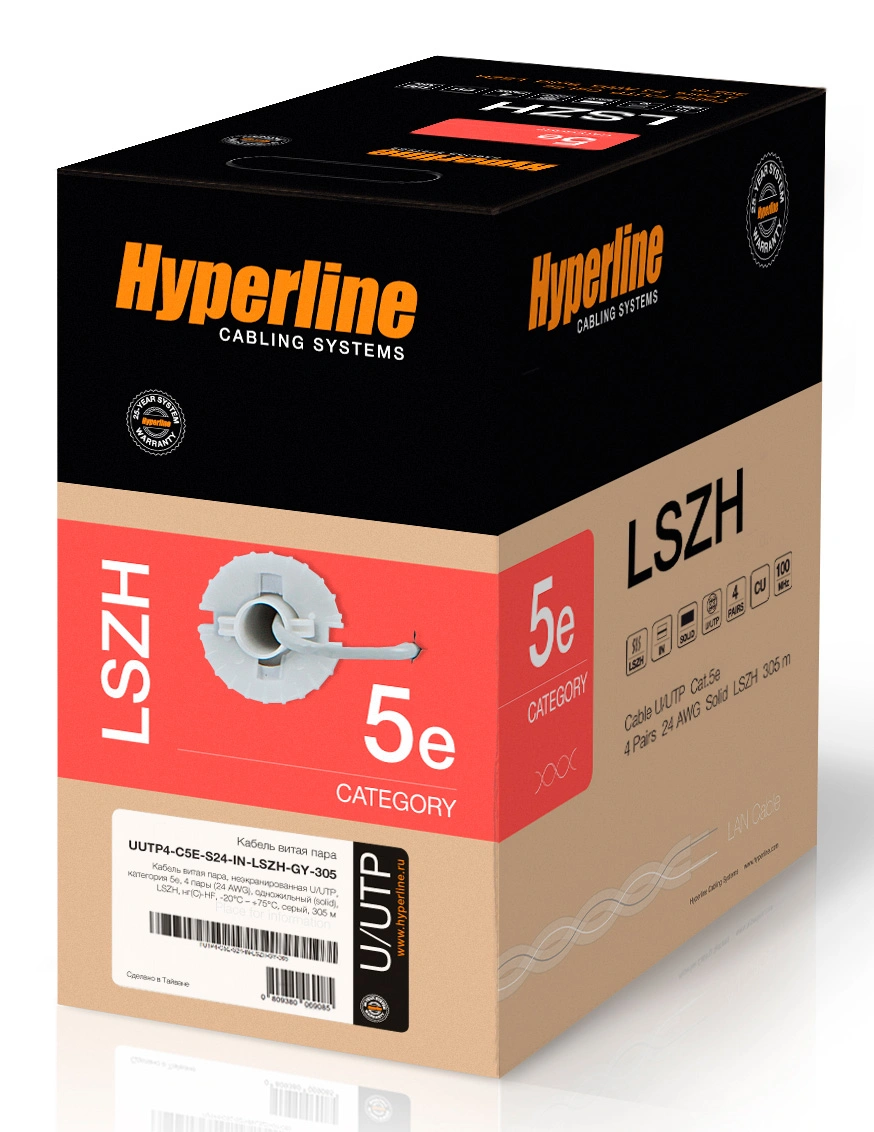Кабель информационный Hyperline UUTP4-C5E-S24-IN-LSZH-GY-305 кат.5E UTP 4 пары 24AWG LSZH внутренний 305м серый — миниатюра 3