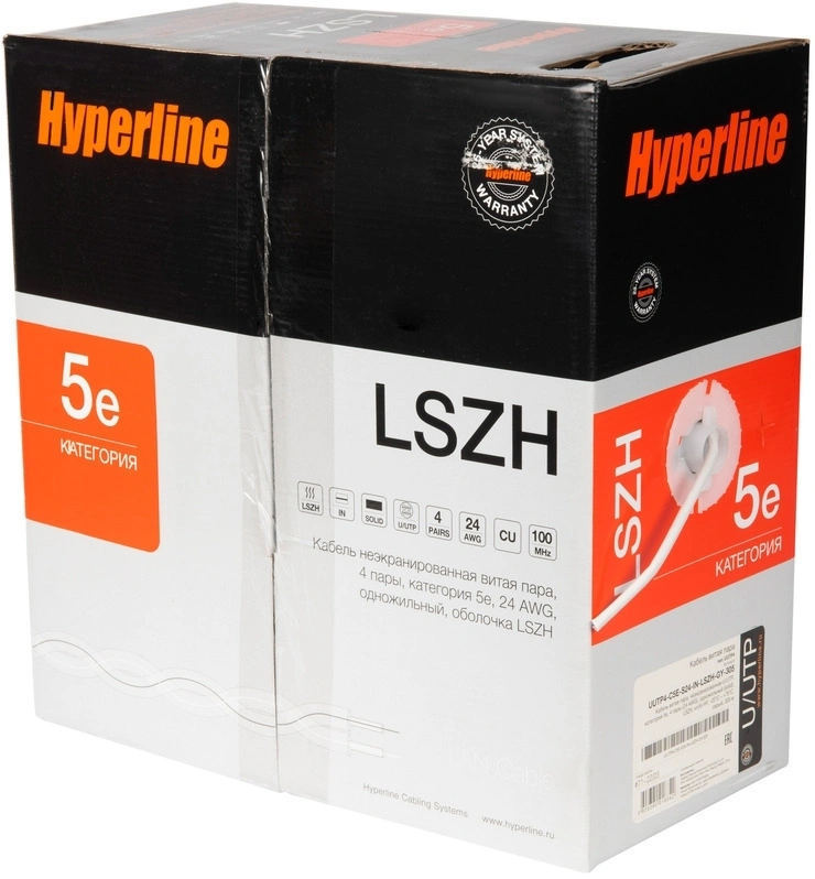 Кабель информационный Hyperline UUTP4-C5E-S24-IN-LSZH-GY-305 кат.5E UTP 4 пары 24AWG LSZH внутренний 305м серый — миниатюра 5