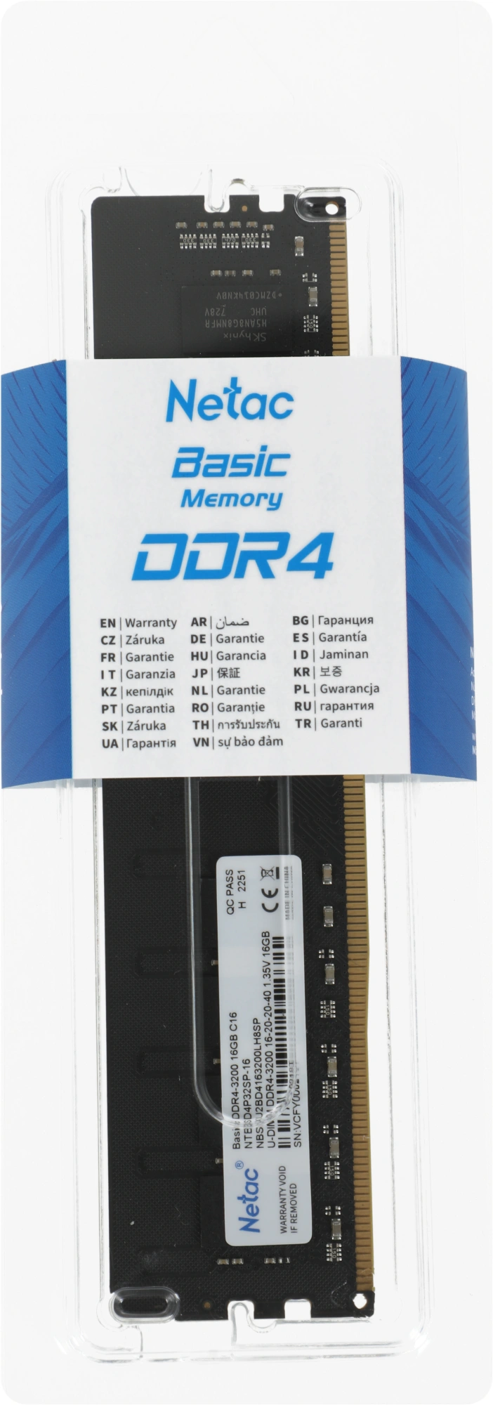 Память DDR4 16GB 3200MHz Netac NTBSD4P32SP-16 Basic RTL PC4-25600 CL16 DIMM UDIMM 288-pin 1.35В single rank Ret — фото 1