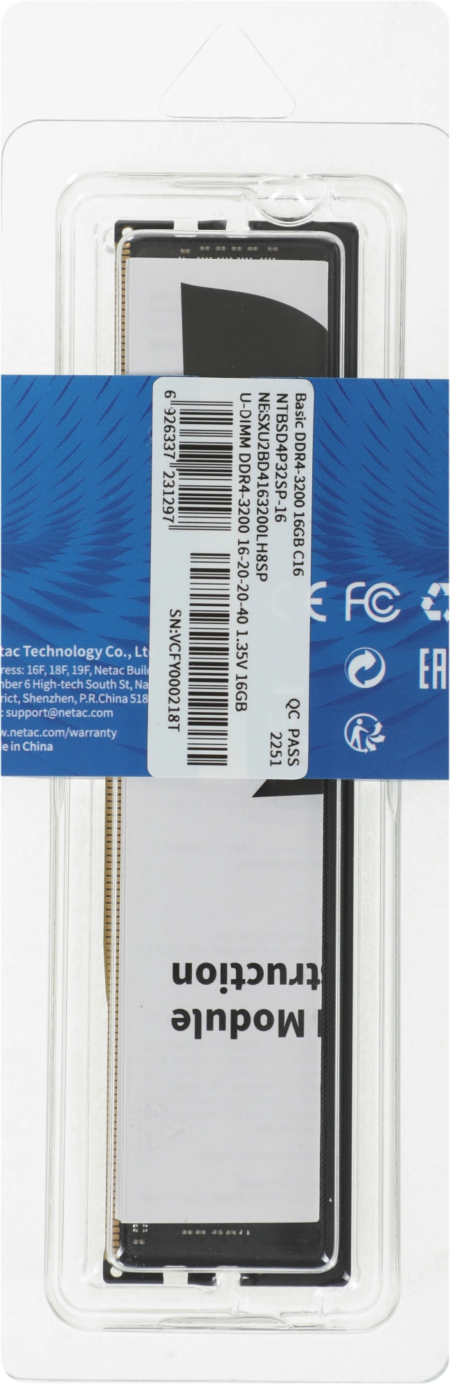 Память DDR4 16GB 3200MHz Netac NTBSD4P32SP-16 Basic RTL PC4-25600 CL16 DIMM UDIMM 288-pin 1.35В single rank Ret — миниатюра 2