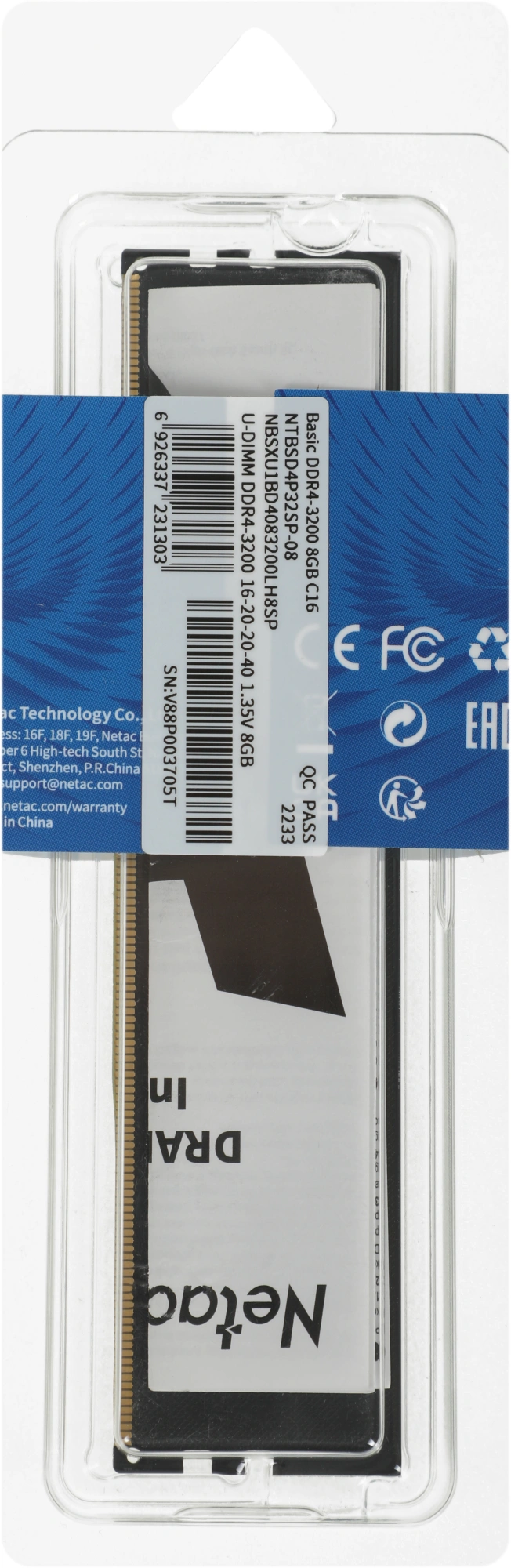 Память DDR4 8GB 3200MHz Netac NTBSD4P32SP-08 Basic RTL PC4-25600 CL16 DIMM UDIMM 288-pin 1.35В single rank Ret — миниатюра 2
