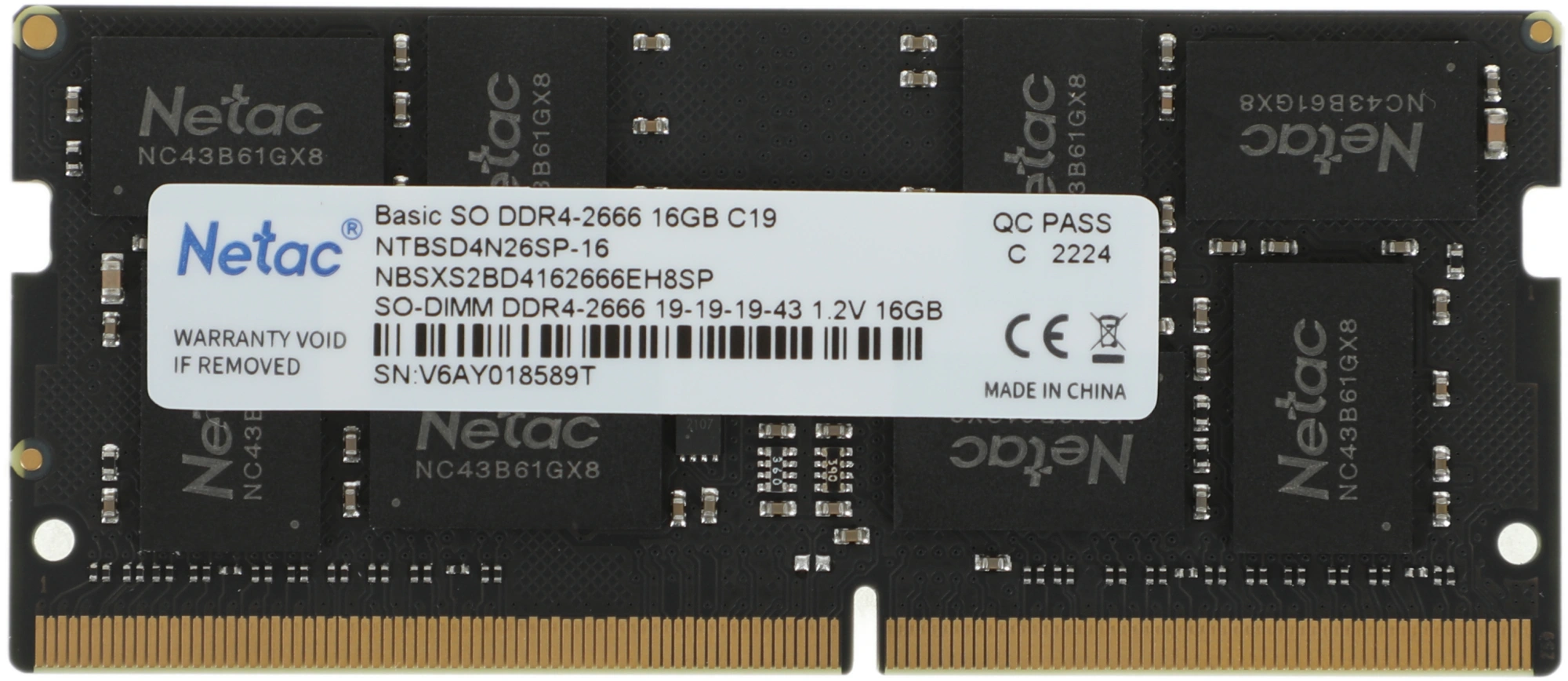 Память DDR4 16Gb 2666MHz Netac NTBSD4N26SP-16 Basic RTL PC4-21300 CL19 SO-DIMM 260-pin 1.2В single rank Ret — миниатюра 3