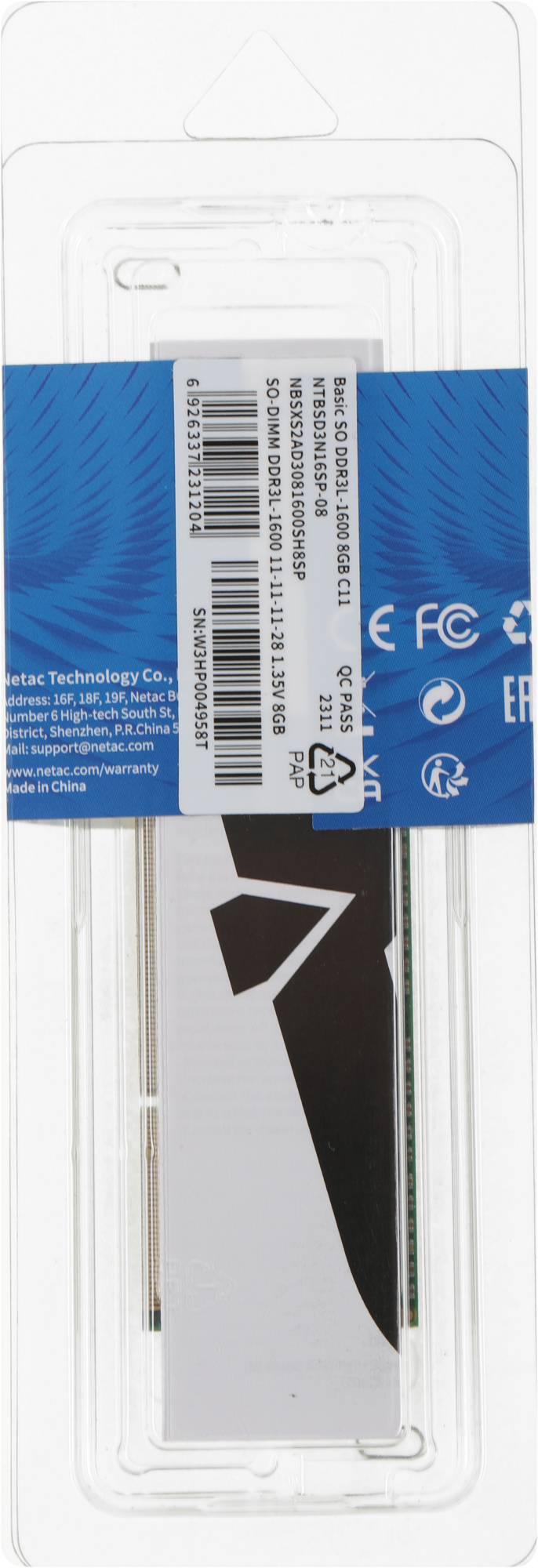 Память DDR3L 8Gb 1600MHz Netac NTBSD3N16SP-08 Basic RTL PC3-12800 CL11 SO-DIMM 204-pin 1.35В single rank Ret — миниатюра 6
