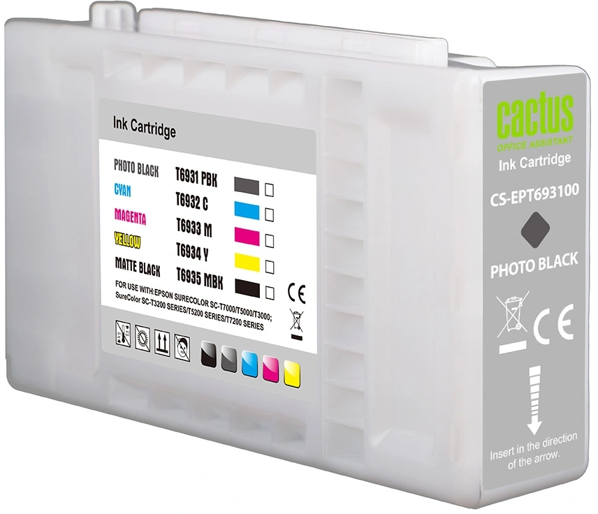 Картридж струйный Cactus CS-EPT693100 T6931 черный пигментный (350мл) для Epson SureColor SC-T3000/T3070/T3200/T5000/5200 с чипом — миниатюра 2