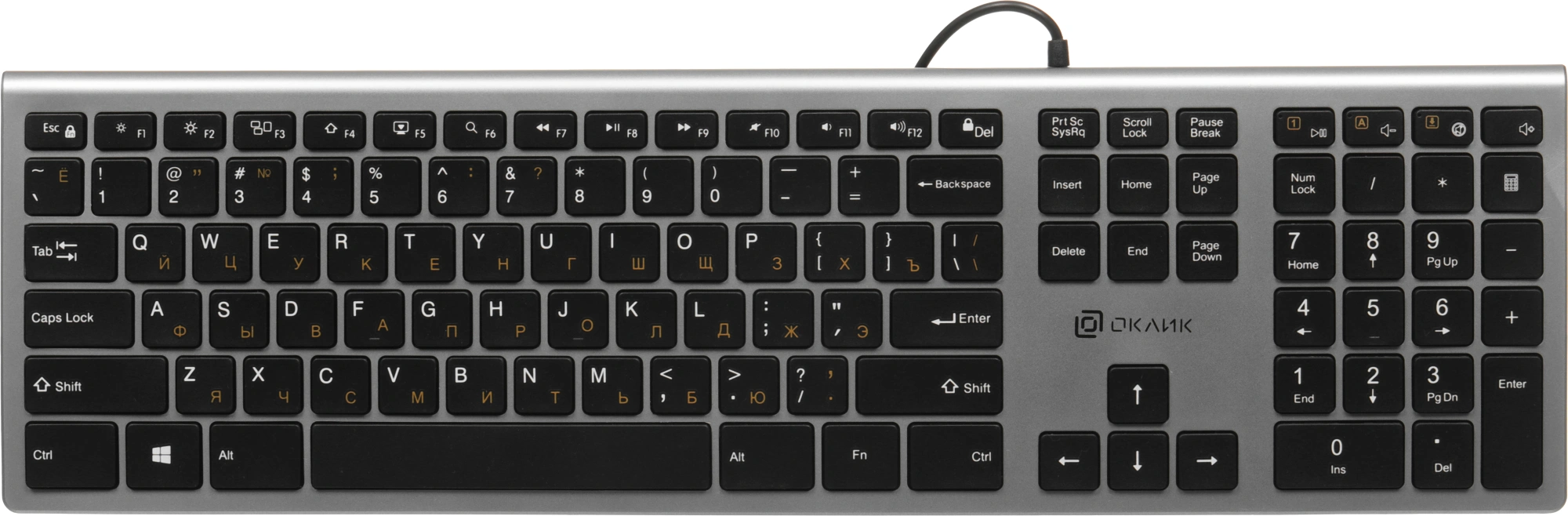 Клавиатура Оклик 890S серый/черный USB slim Multimedia (1784239) кабель 1.6м — миниатюра 17