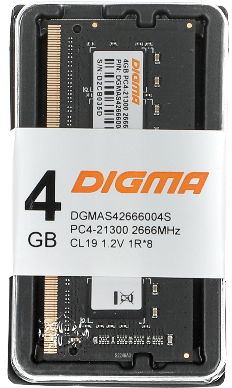 Память DDR4 4Gb 2666MHz Digma DGMAS42666004S RTL PC4-21300 CL19 SO-DIMM 260-pin 1.2В single rank Ret — фото 1