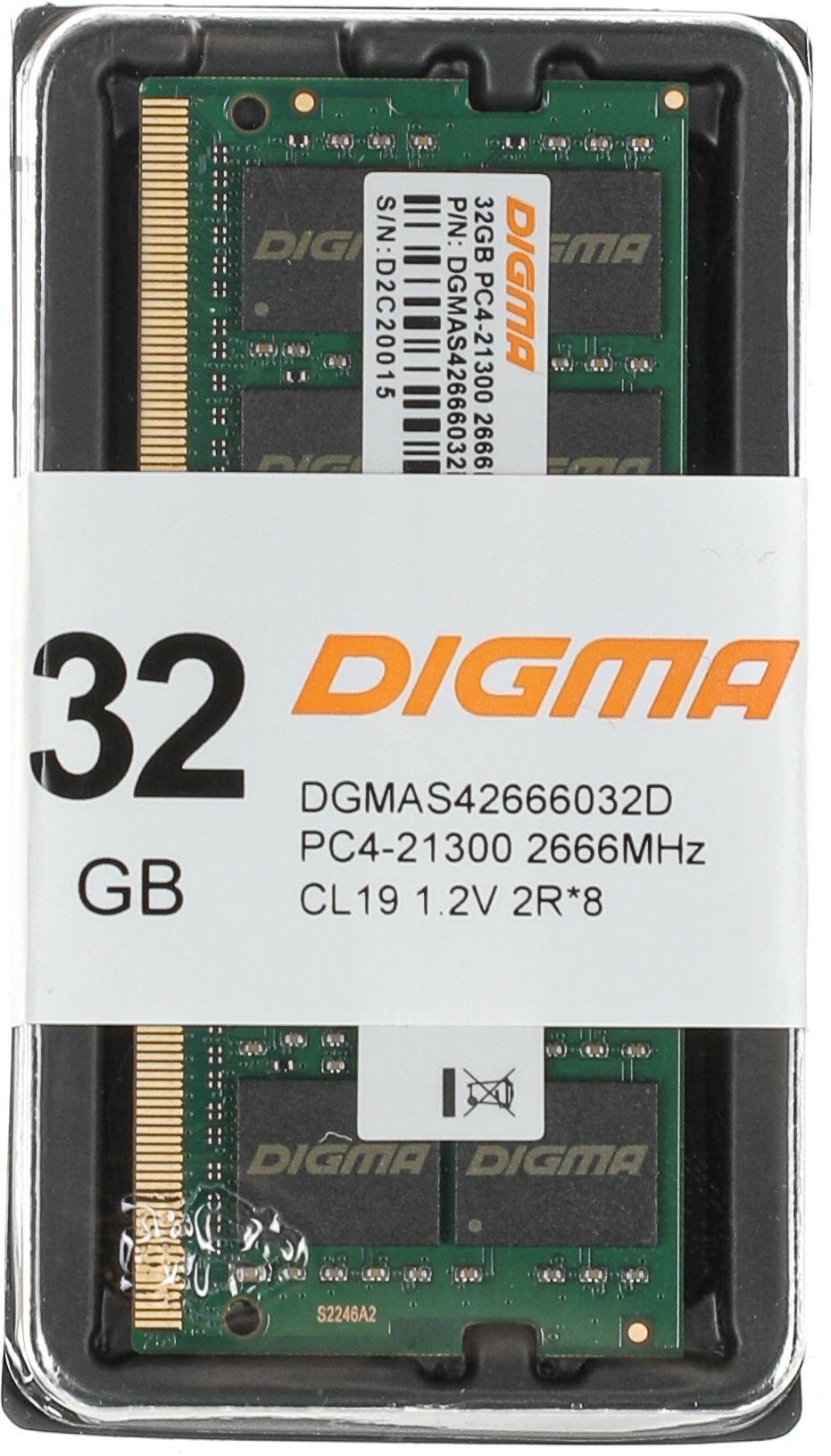 Память DDR4 32Gb 2666MHz Digma DGMAS42666032D RTL PC4-21300 CL19 SO-DIMM 260-pin 1.2В dual rank Ret — фото 1