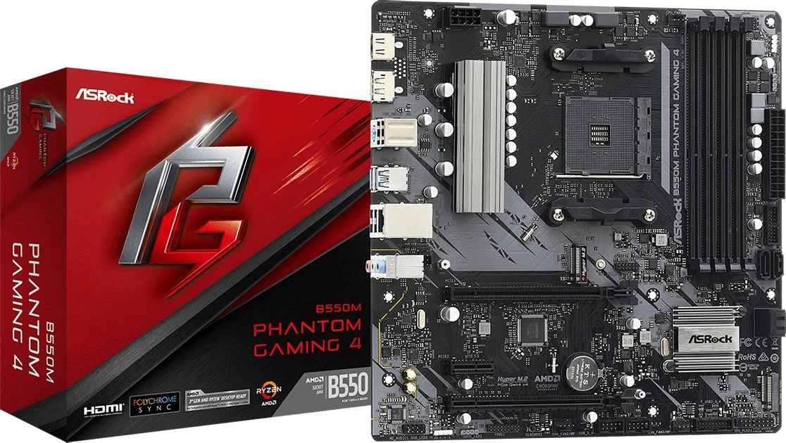 Материнская плата Asrock B550M PHANTOM GAMING 4 Soc-AM4 AMD B550 4xDDR4 mATX AC`97 8ch(7.1) GbLAN RAID+HDMI+DP — фото 1