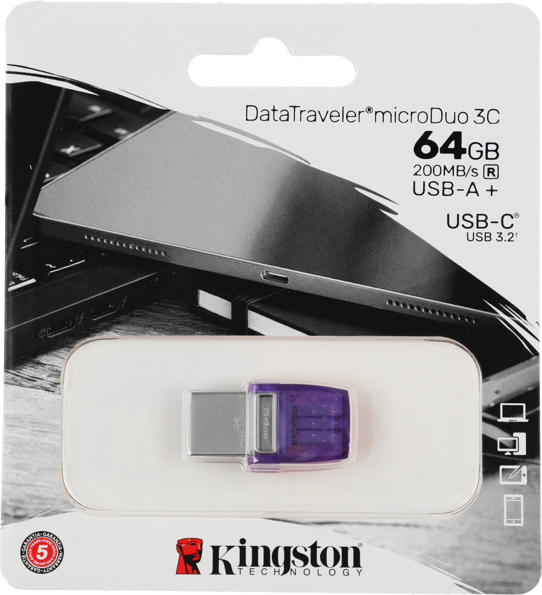 Флеш Диск Kingston 64Gb DataTraveler microDuo 3C DTDUO3CG3/64GB USB3.0 фиолетовый — миниатюра 3