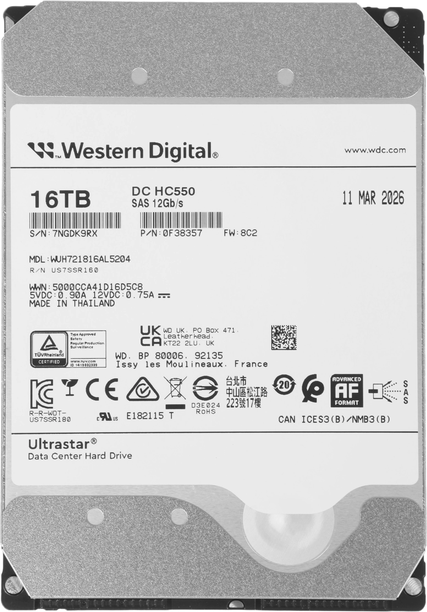 Жесткий диск WD SAS 3.0 16TB 0F38357 WUH721816AL5204 Ultrastar DC HC550 4KN (7200rpm) 512Mb 3.5" — миниатюра 2