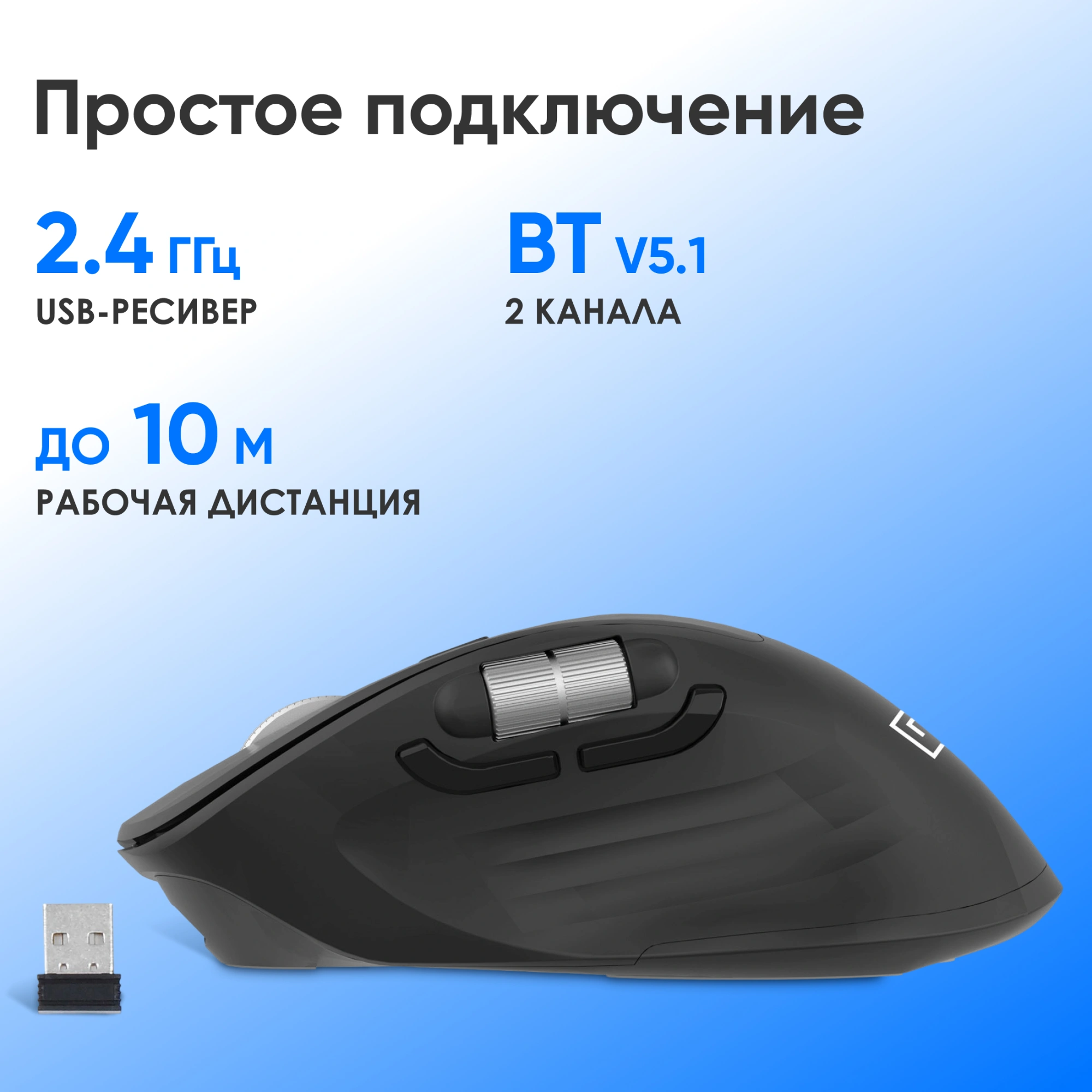 Мышь Оклик 601MW черный оптическая 4800dpi беспров. BT/Radio USB 8but (1885438) — миниатюра 21