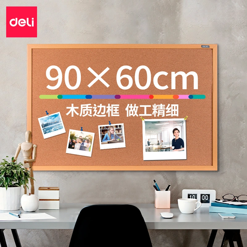 Доска пробковая Deli 8764 пробка желтый 60x90см деревянная рама — фото 1