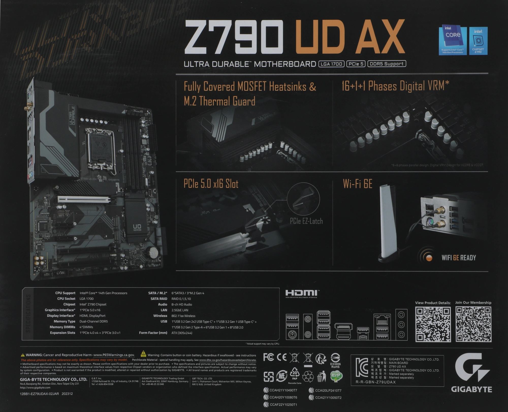 Материнская плата Gigabyte Z790 UD AX Soc-1700 Intel Z790 4xDDR5 ATX AC`97 8ch(7.1) 2.5Gg RAID+HDMI+DP — миниатюра 3