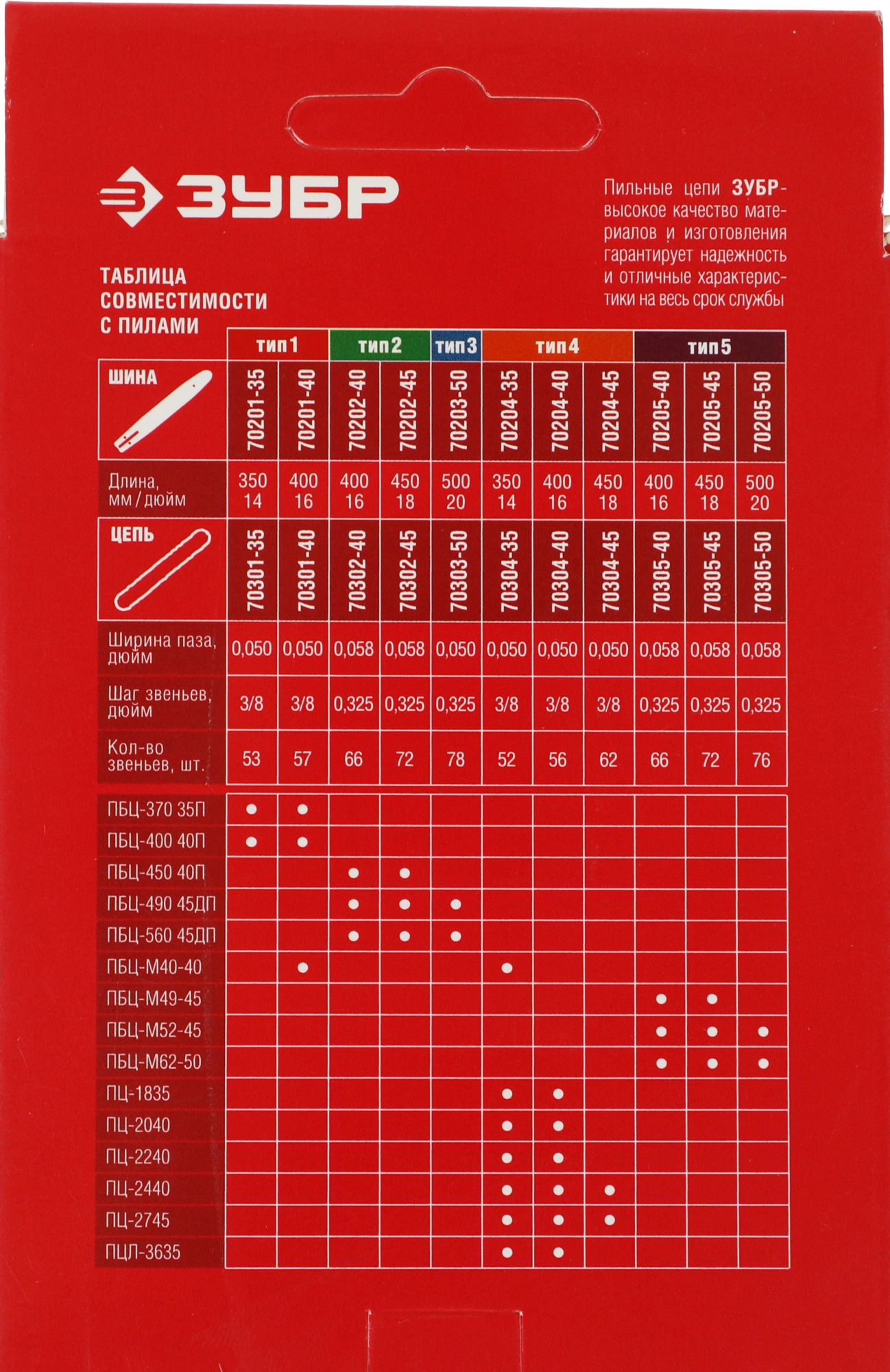 Цепь для цепных пил Зубр 70305-45 0.325" 72звен. для ПБЦ-М49-45/М52-45/М62-50 — миниатюра 4