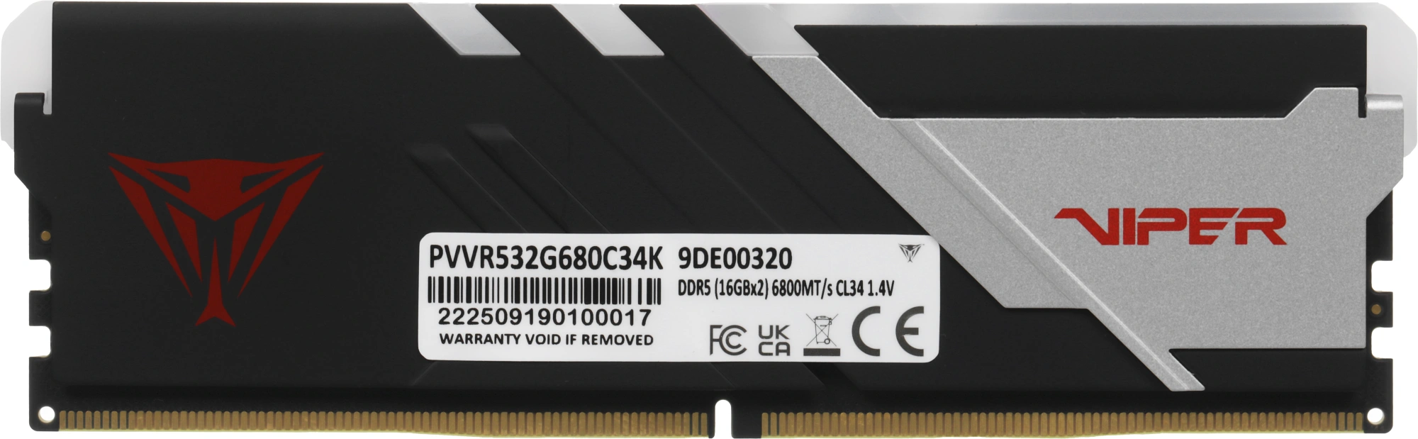 Память DDR5 2x16GB 6800MHz Patriot PVVR532G680C34K Viper Venom RGB RTL Gaming PC5-54400 CL34 DIMM UDIMM 288-pin 1.4В kit с радиатором Ret — миниатюра 16