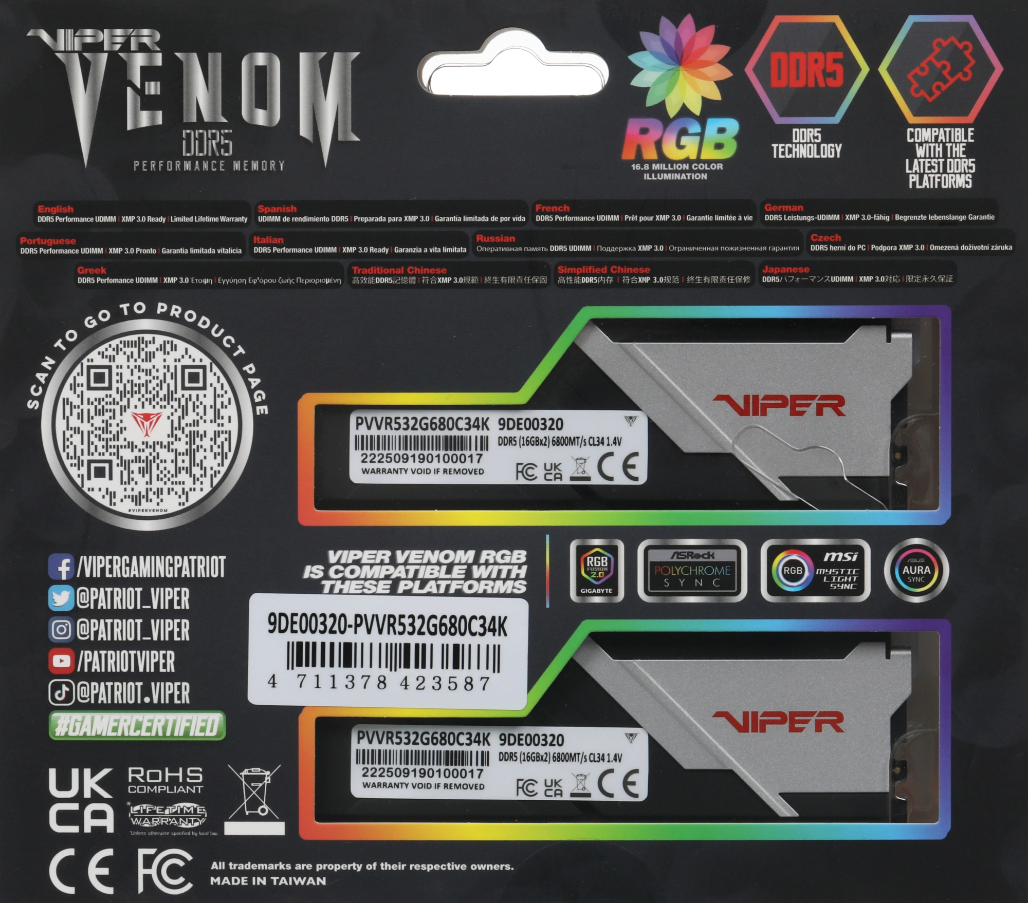 Память DDR5 2x16GB 6800MHz Patriot PVVR532G680C34K Viper Venom RGB RTL Gaming PC5-54400 CL34 DIMM UDIMM 288-pin 1.4В kit с радиатором Ret — миниатюра 12
