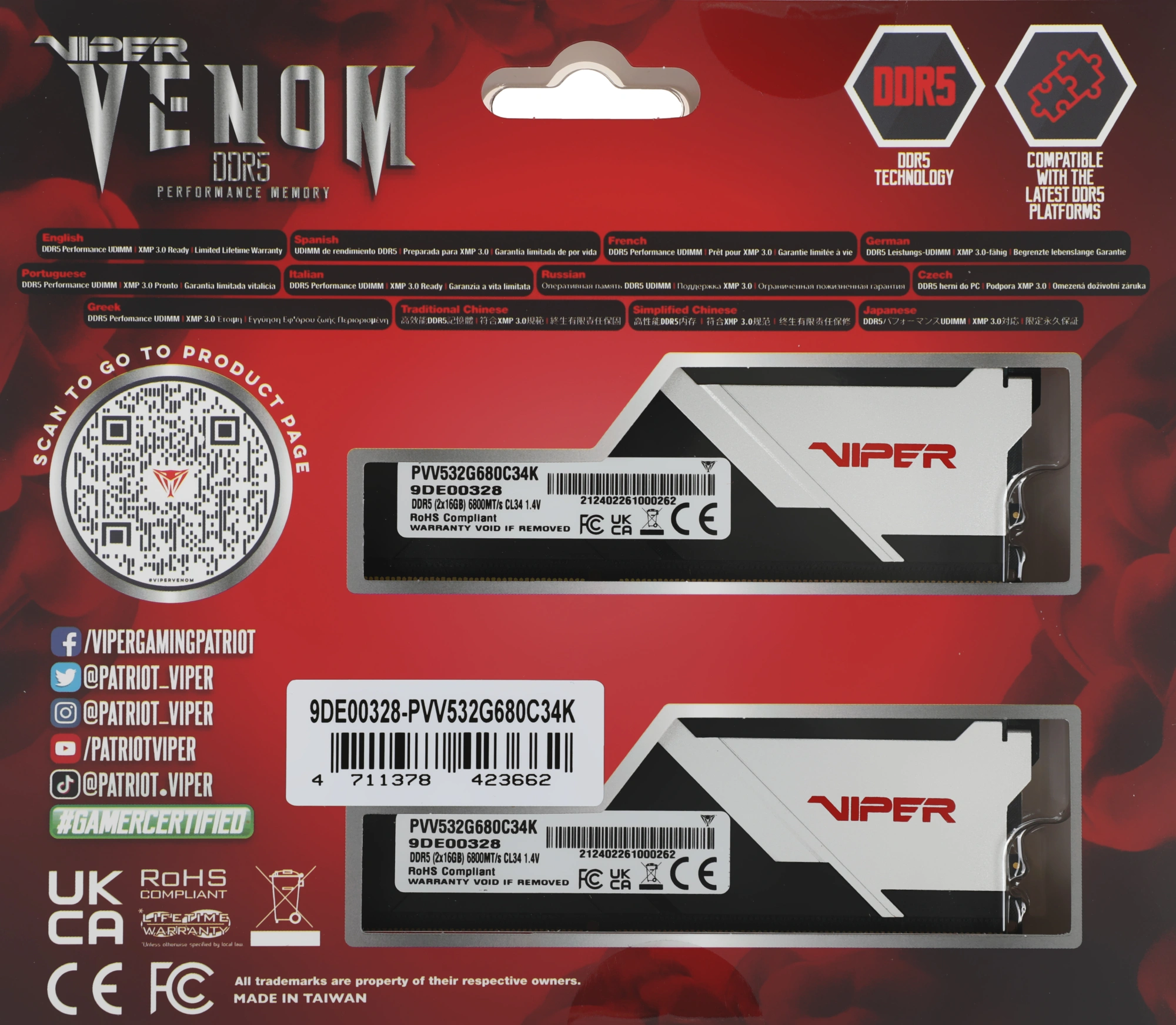 Память DDR5 2x16GB 6800MHz Patriot PVV532G680C34K Viper Venom RTL Gaming PC5-54400 CL34 DIMM UDIMM 288-pin 1.4В с радиатором Ret — миниатюра 2