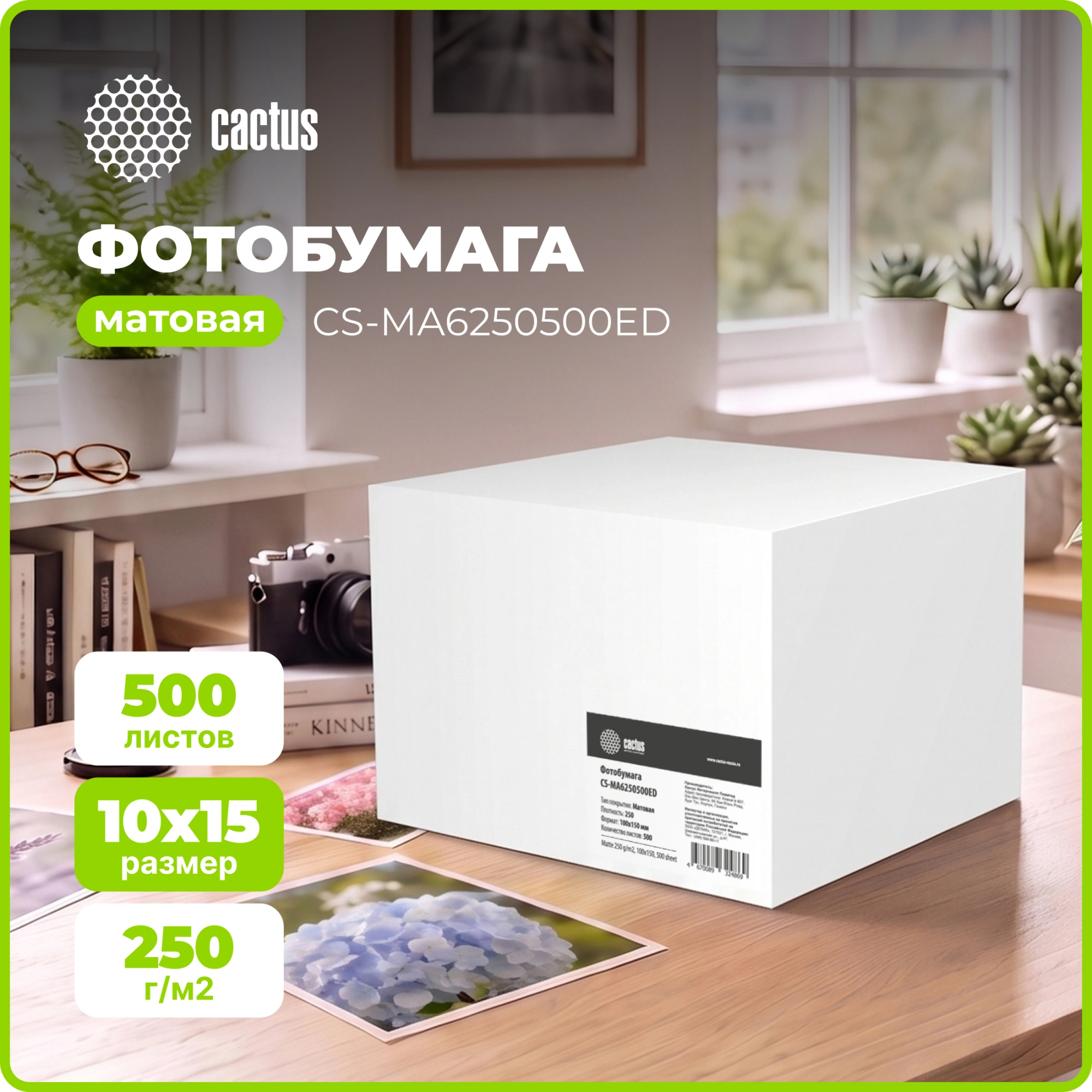 Фотобумага Cactus CS-MA6250500ED 10x15/250г/м2/500л./белый матовое для струйной печати — миниатюра 2