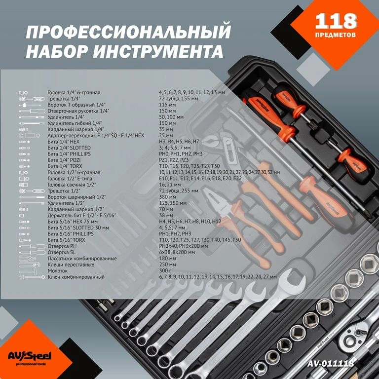 Набор инструментов Av Steel AV-011118 118 предметов (жесткий кейс) — миниатюра 4