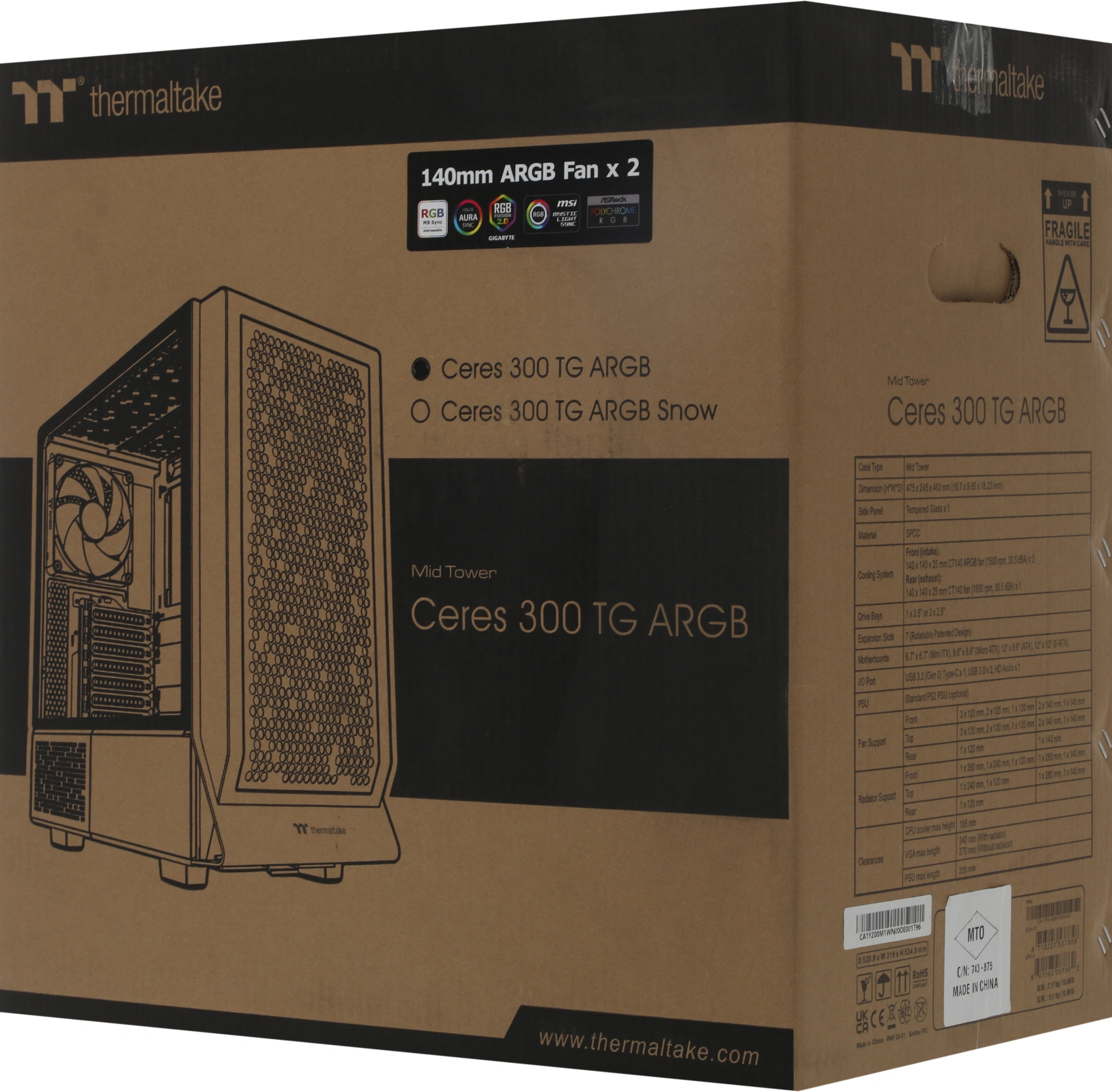 Корпус Thermaltake Ceres 300 TG ARGB черный без БП ATX 7x140mm 5x180mm 2xUSB3.0 audio bott PSU — миниатюра 12