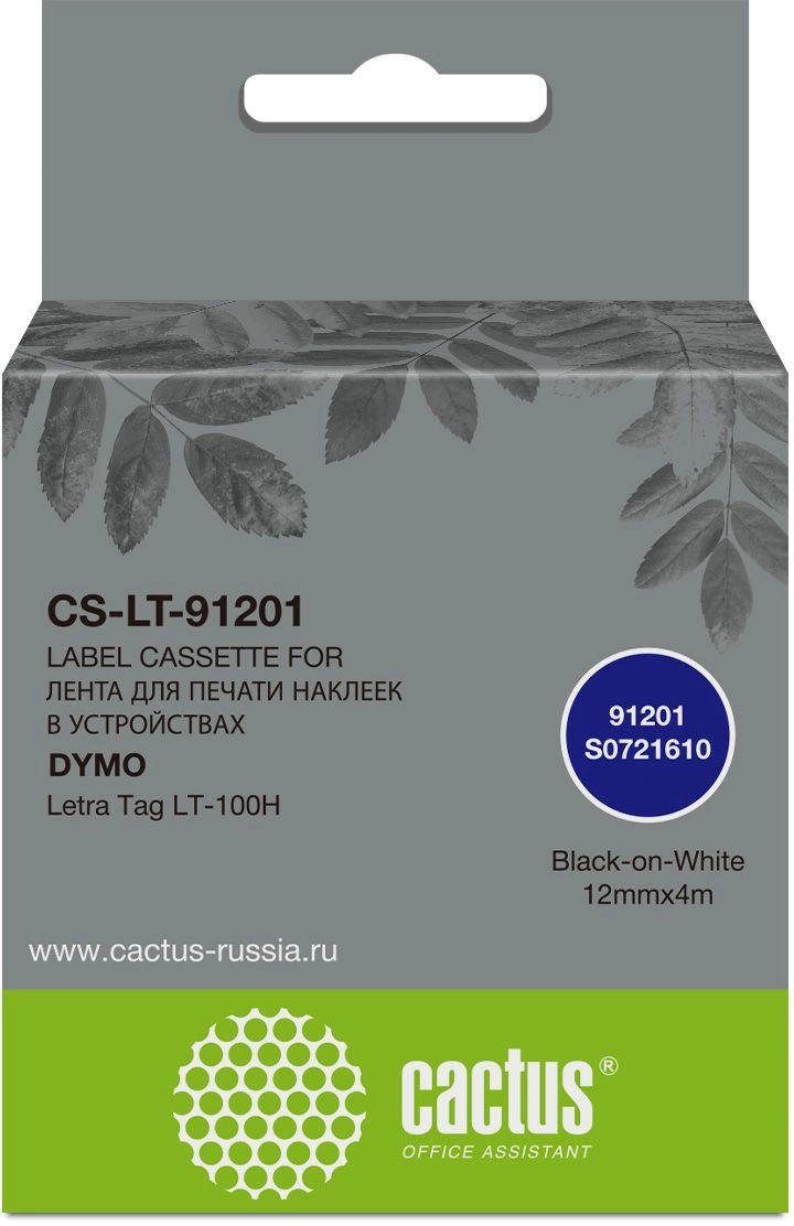 Картридж ленточный Cactus CS-LT-91201 91201 черный на белом 12x4 для Dymo Letra Tag LT-100H без чипа — фото 1