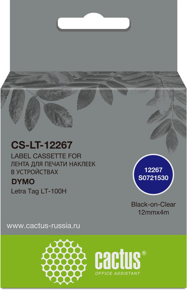 Картридж ленточный Cactus CS-LT-12267 12267 черный на прозрачном 12x4 для Dymo Letra Tag LT-100H без чипа — фото 1