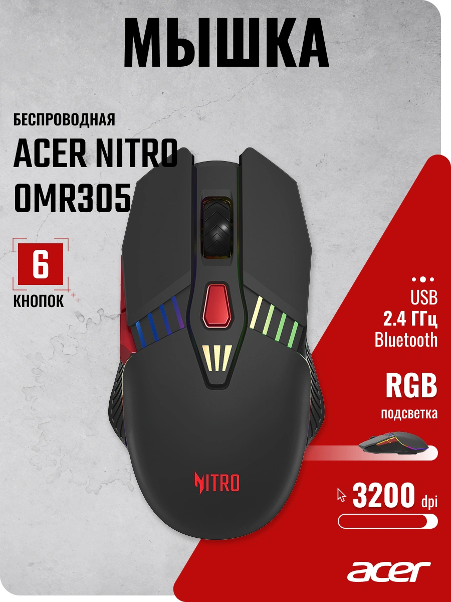 Мышь Acer Nitro OMR305 черный оптическая 3200dpi беспров. BT/Radio USB 6but (ZL.MCECC.020) — миниатюра 25
