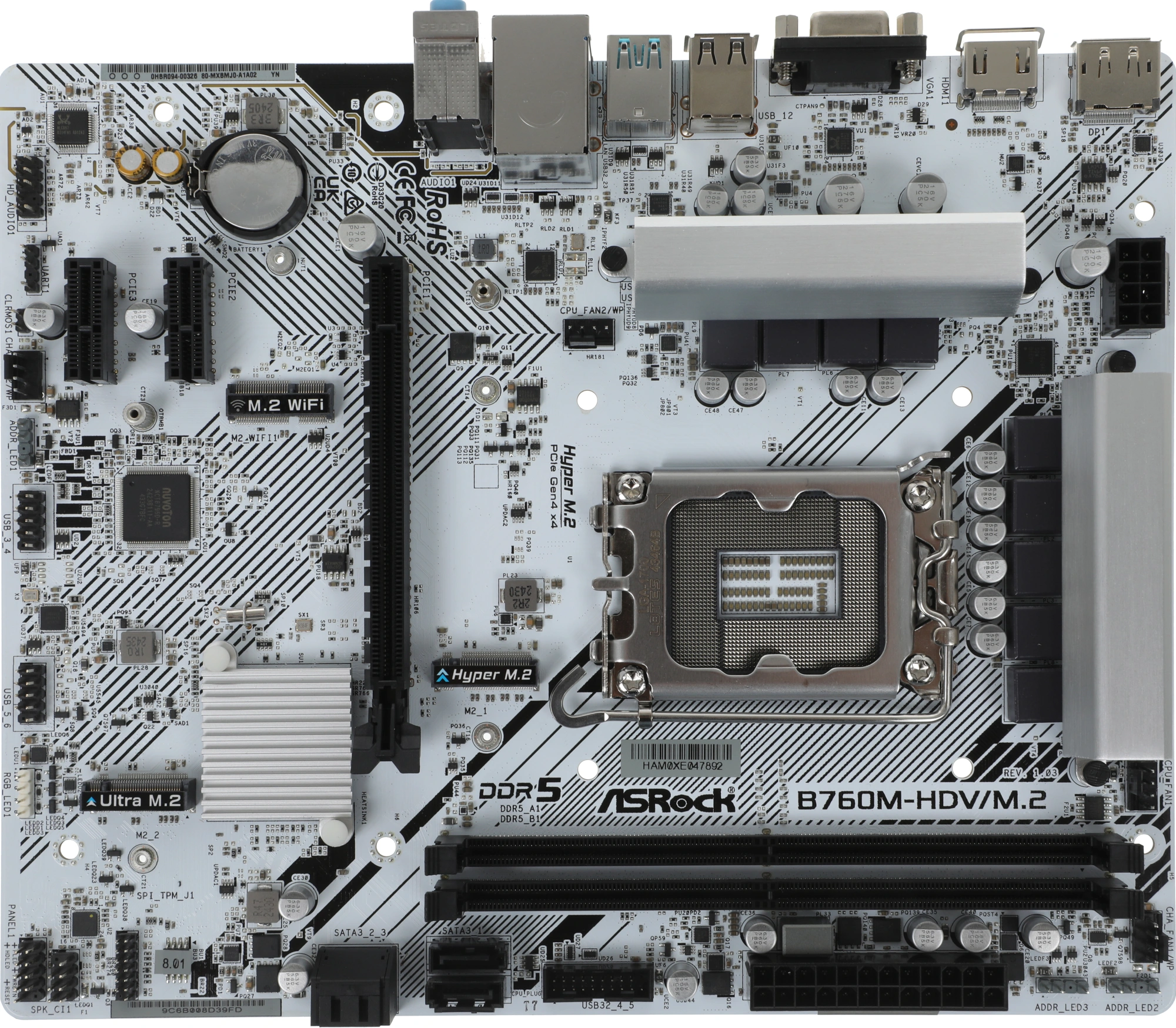 Материнская плата Asrock B760M-HDV/M.2 Soc-1700 Intel B760 2xDDR5 mATX AC`97 8ch(7.1) 2.5Gg RAID+VGA+HDMI+DP — миниатюра 2