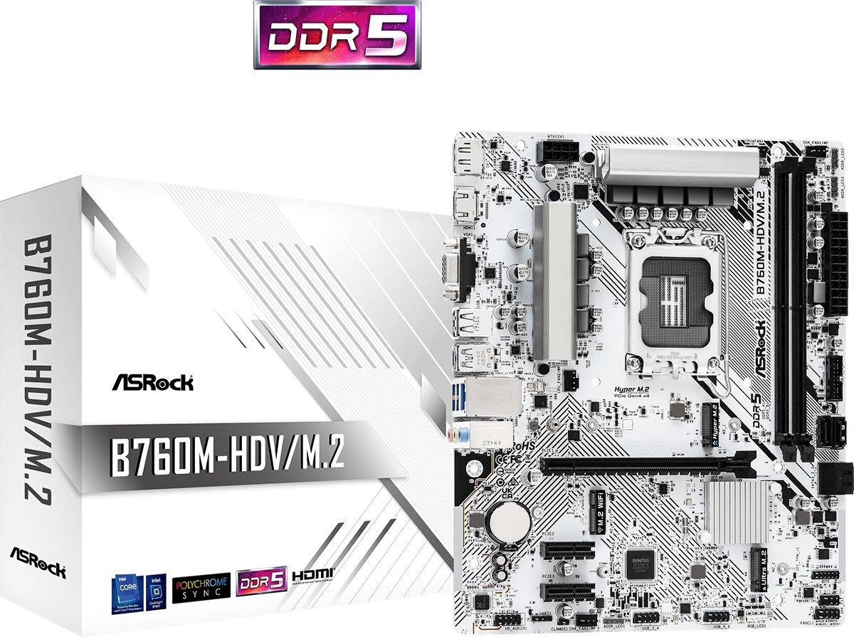 Материнская плата Asrock B760M-HDV/M.2 Soc-1700 Intel B760 2xDDR5 mATX AC`97 8ch(7.1) 2.5Gg RAID+VGA+HDMI+DP — фото 1