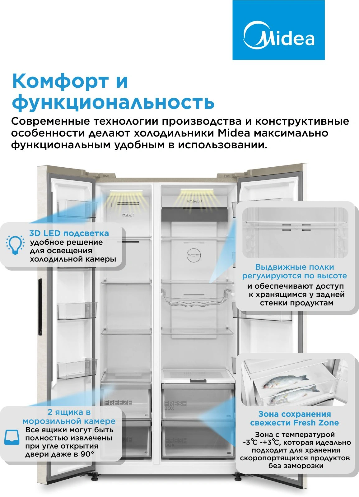 Холодильник Midea MDRS791MIE33 2-хкамерн. бежевый инвертер — миниатюра 14