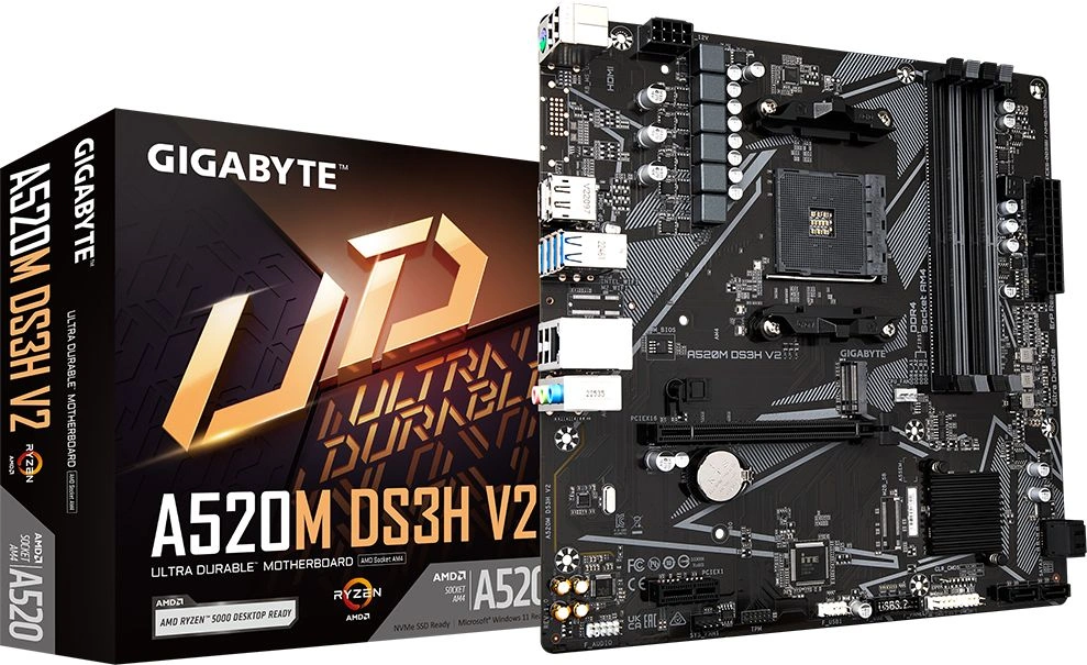 Материнская плата Gigabyte A520M DS3H V2 Soc-AM4 AMD A520 4xDDR4 mATX AC`97 8ch(7.1) GbLAN RAID+HDMI+DP — фото 1