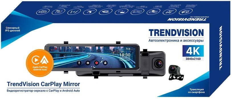 Видеорегистратор TrendVision CarPlay Mirror черный 2Mpix 2160x3840 2160p 150гр. MSTAR 8826 — миниатюра 6