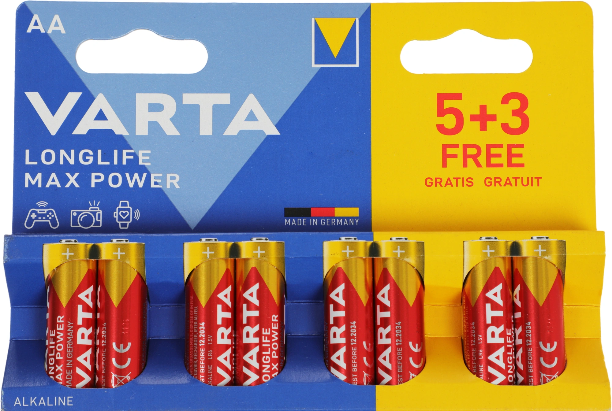 Батарея Varta LongLife Max Power Alkaline LR6 BL5+3 AA (8шт) блистер