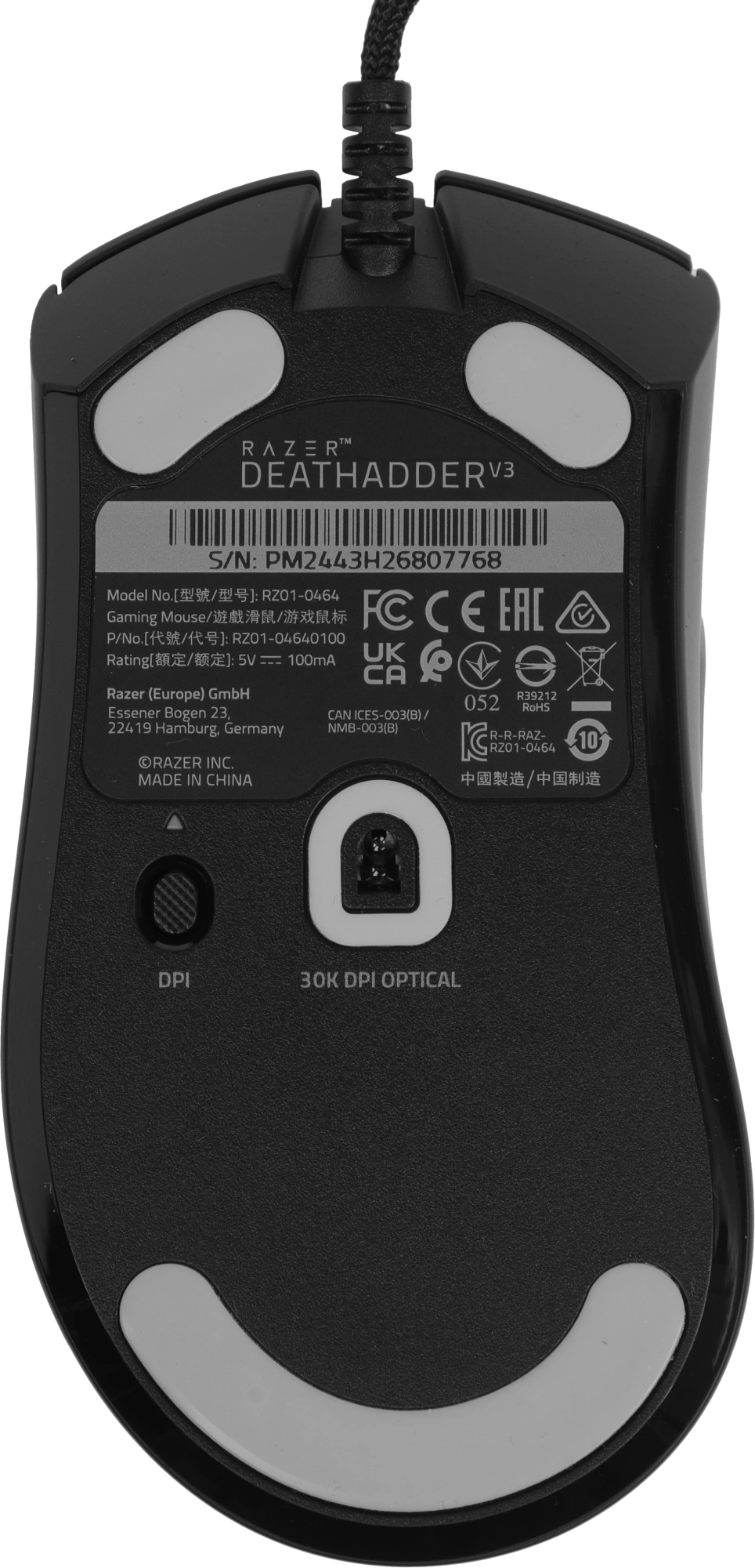 Мышь Razer DeathAdder V3 черный оптическая 30000dpi USB 6but (RZ01-04640100-R3M1) — миниатюра 2