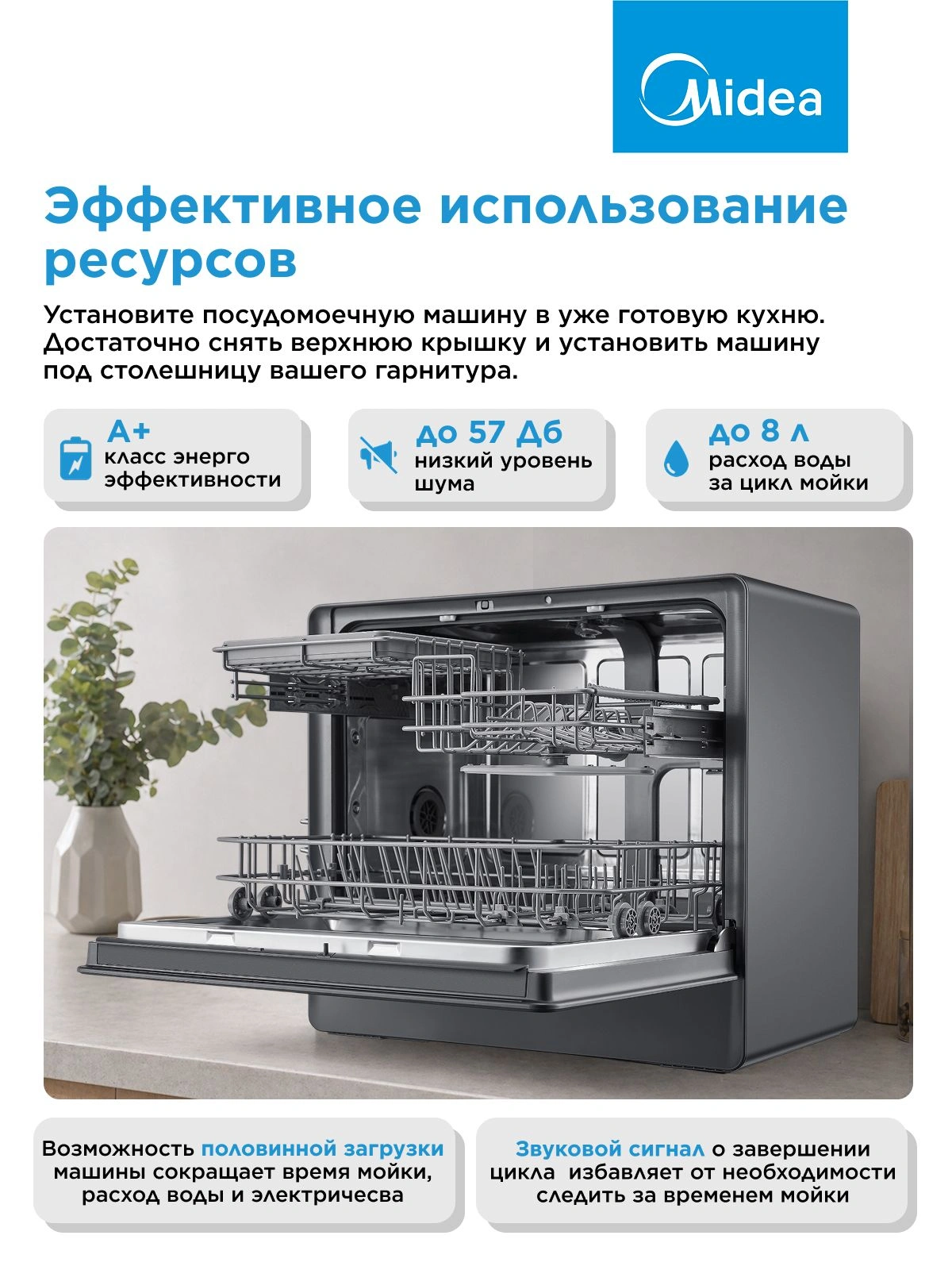 Посудомоечная машина Midea MCFD55S550Bi черный (компактная) — миниатюра 16