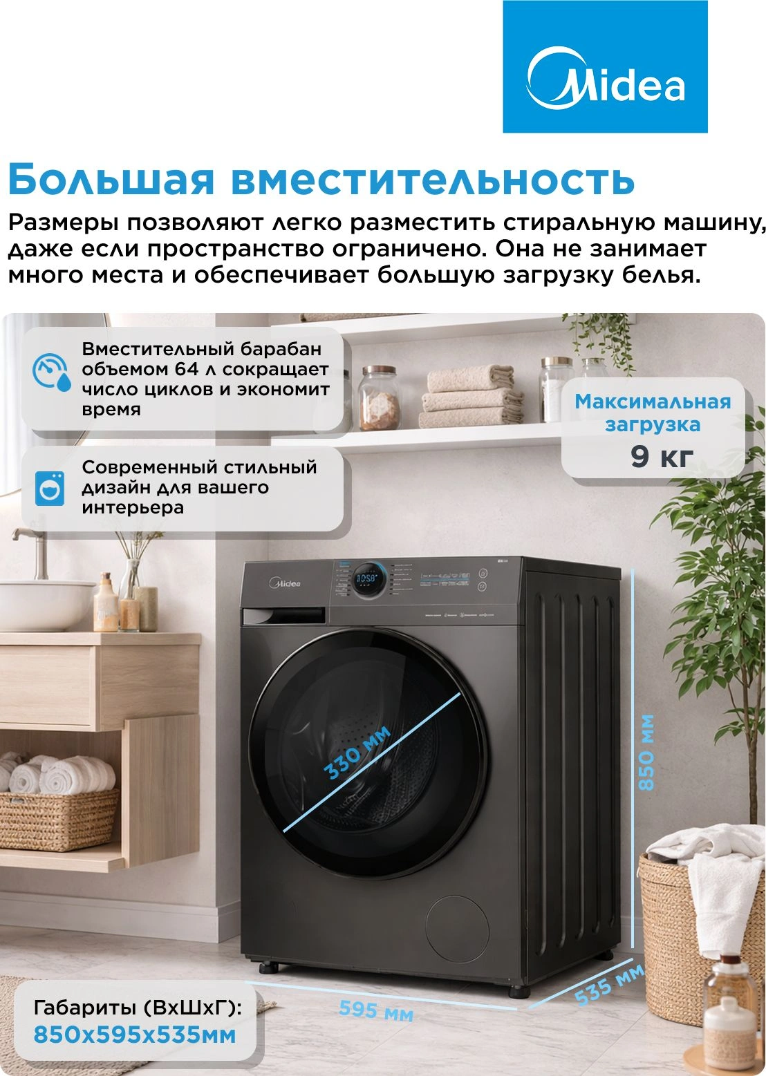 Стиральная машина Midea MF200W90WBS/S-RU класс: A загр.фронтальная макс.:9кг темно-серебристый инвертор — миниатюра 19